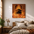 Kaaba Wall Art Golden Floral Framed Canvas Masjid al Haram Mecca Islamic Home Decor