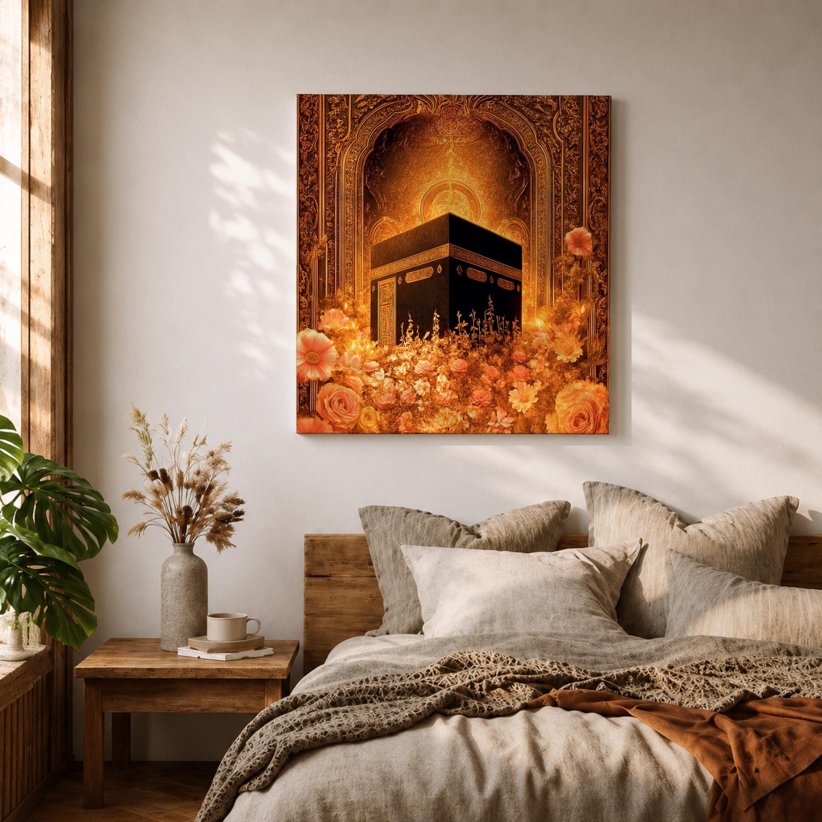 Kaaba Wall Art Golden Floral Framed Canvas Masjid al Haram Mecca Islamic Home Decor