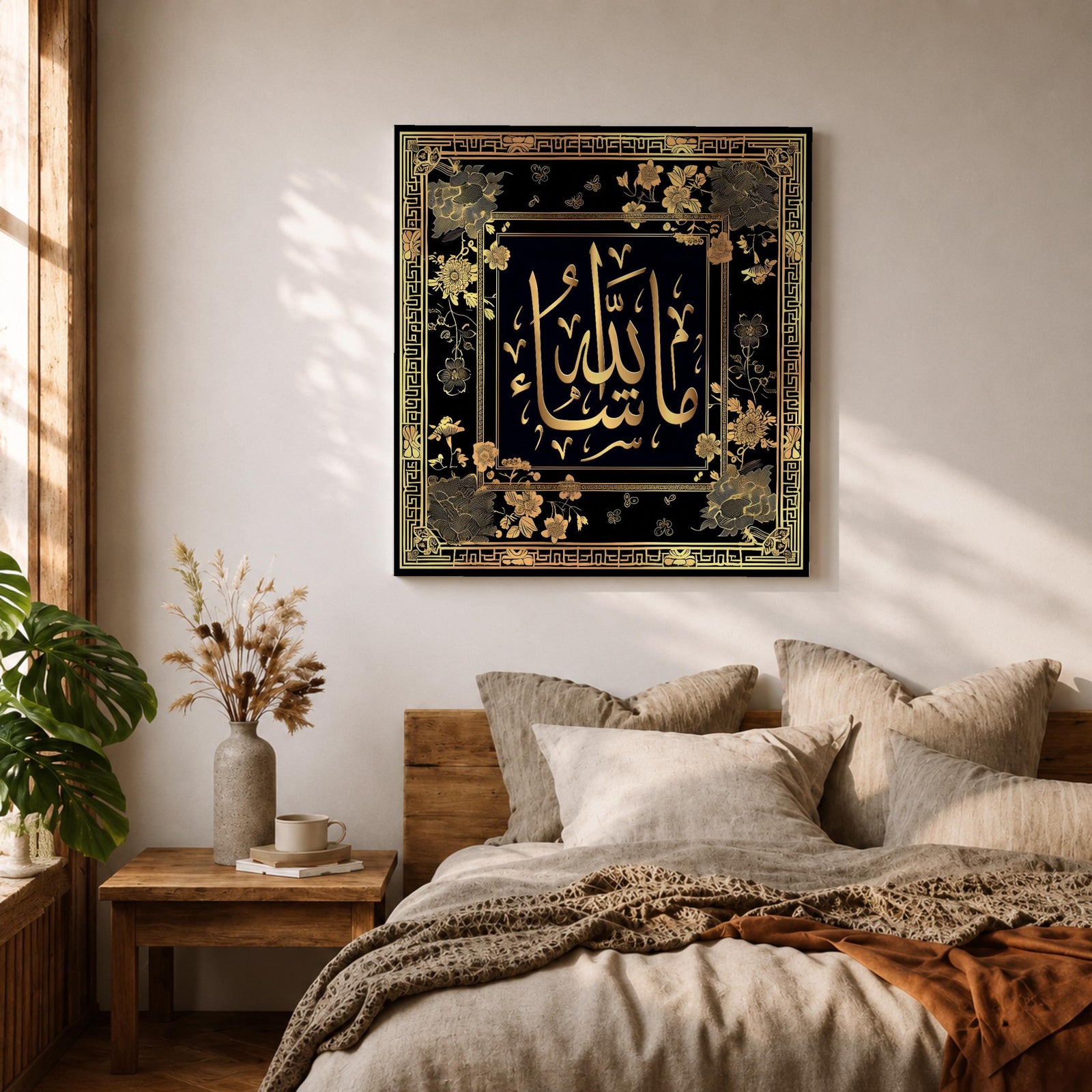 Mashallah Calligraphy Wall Art Gold Script Framed Canvas Arabic Islamic Home Decor