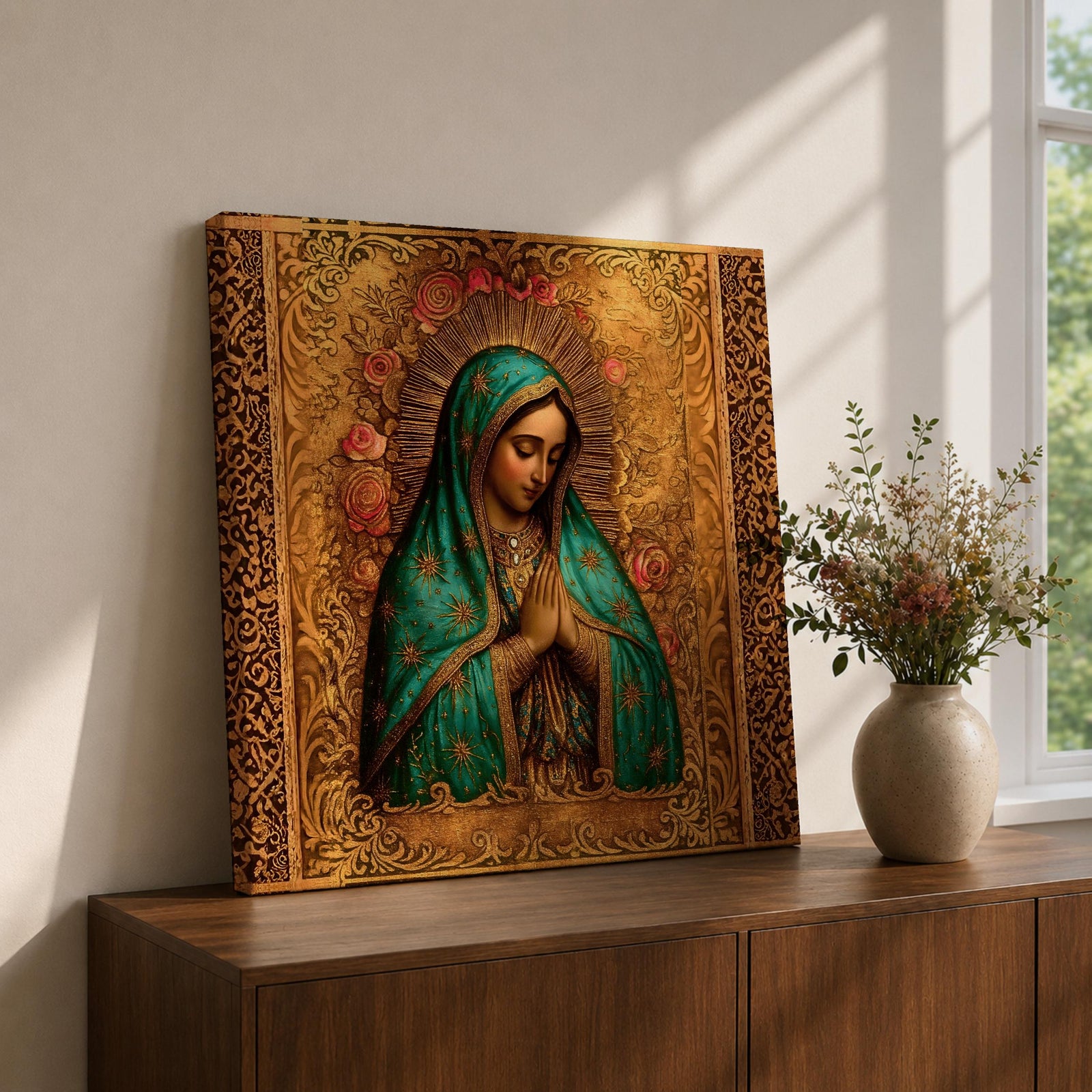 Our Lady of Guadalupe Wall Art Blessed Mother Framed Canvas Catholic Vintage Home Decor