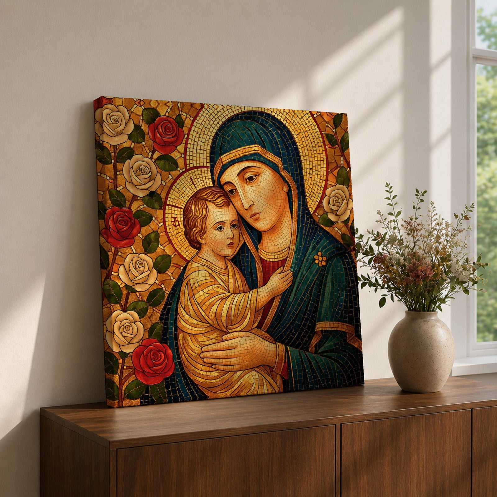 Virgin Mary Wall Art Madonna and Child Framed Canvas Mosaic Catholic Home Decor