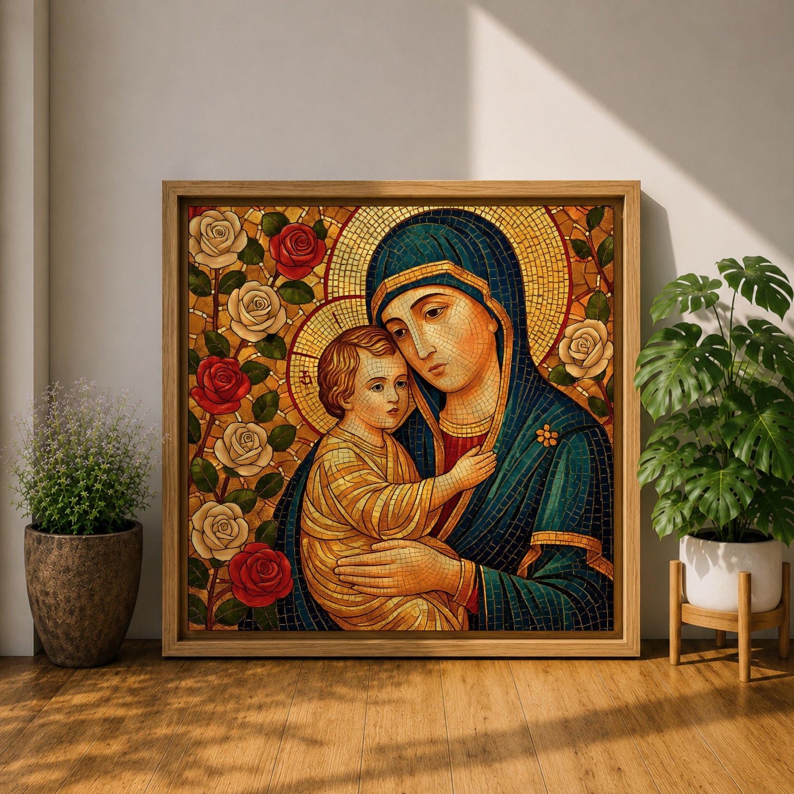 Virgin Mary Wall Art Madonna and Child Framed Canvas Mosaic Catholic Home Decor
