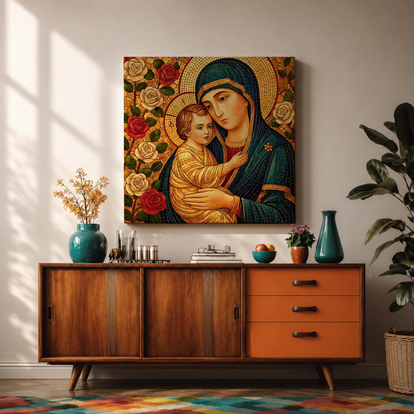 Virgin Mary Wall Art Madonna and Child Framed Canvas Mosaic Catholic Home Decor