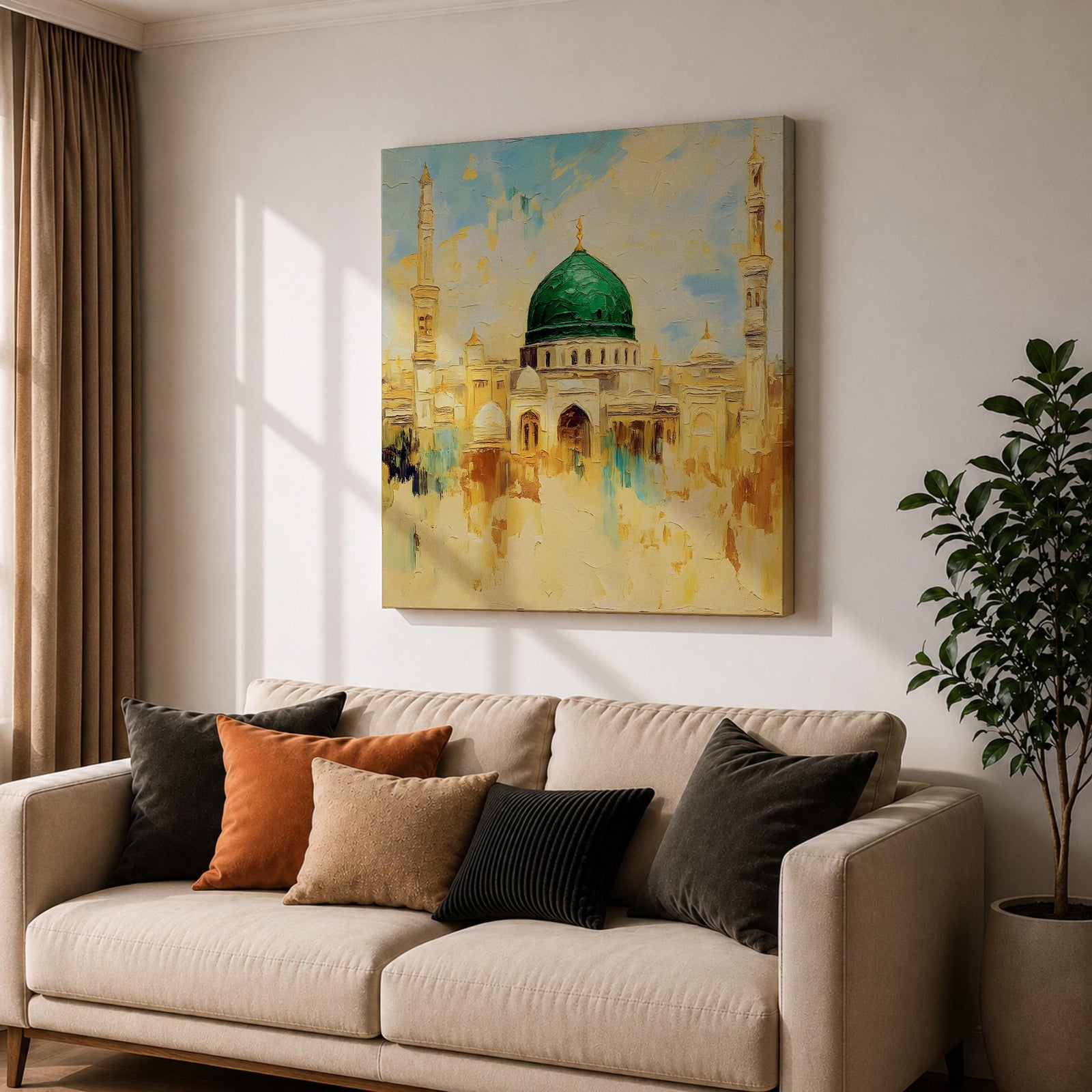 Prophets Mosque Wall Art Green Dome Framed Canvas Masjid Nabawi Islamic Muslim Home Decor