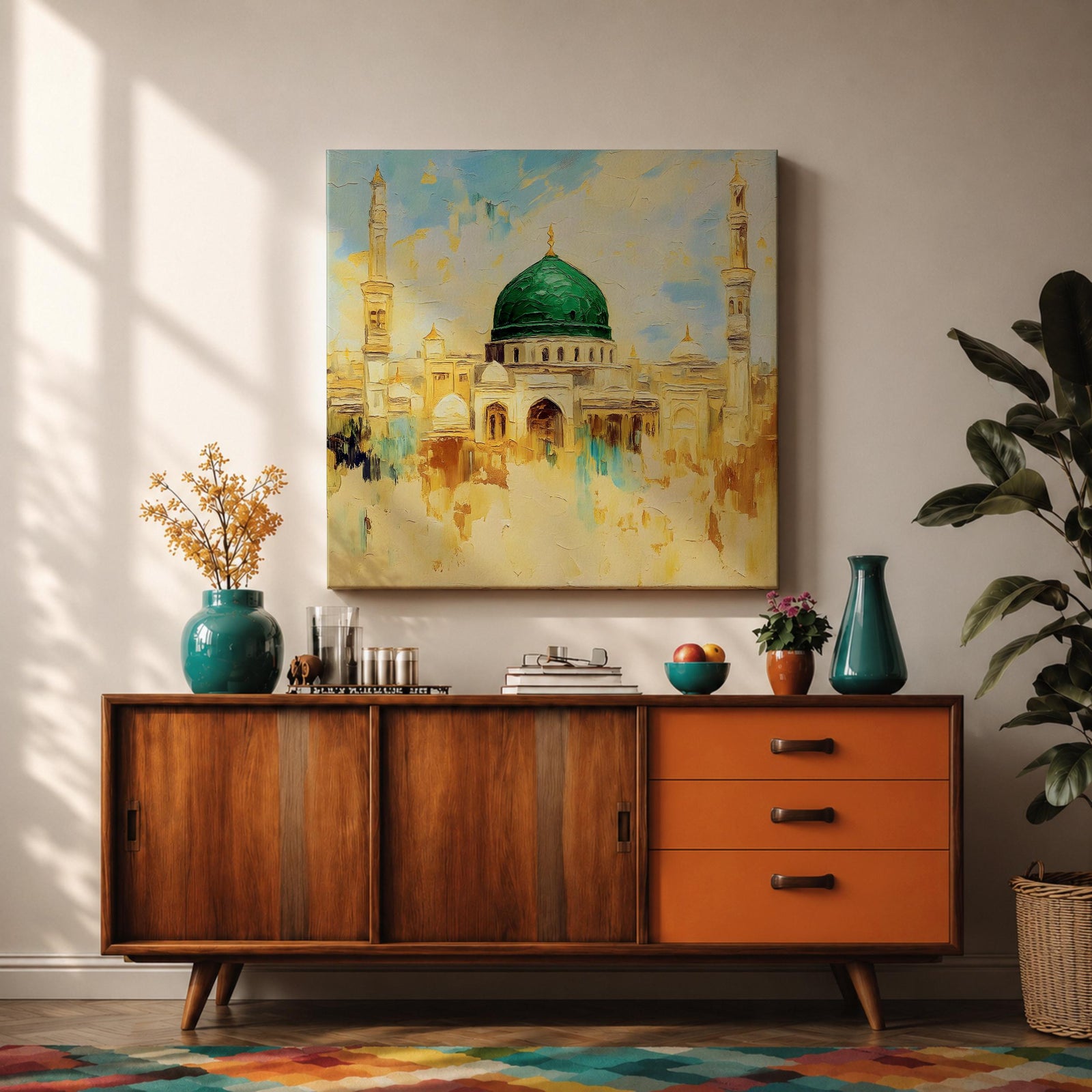Prophets Mosque Wall Art Green Dome Framed Canvas Masjid Nabawi Islamic Muslim Home Decor