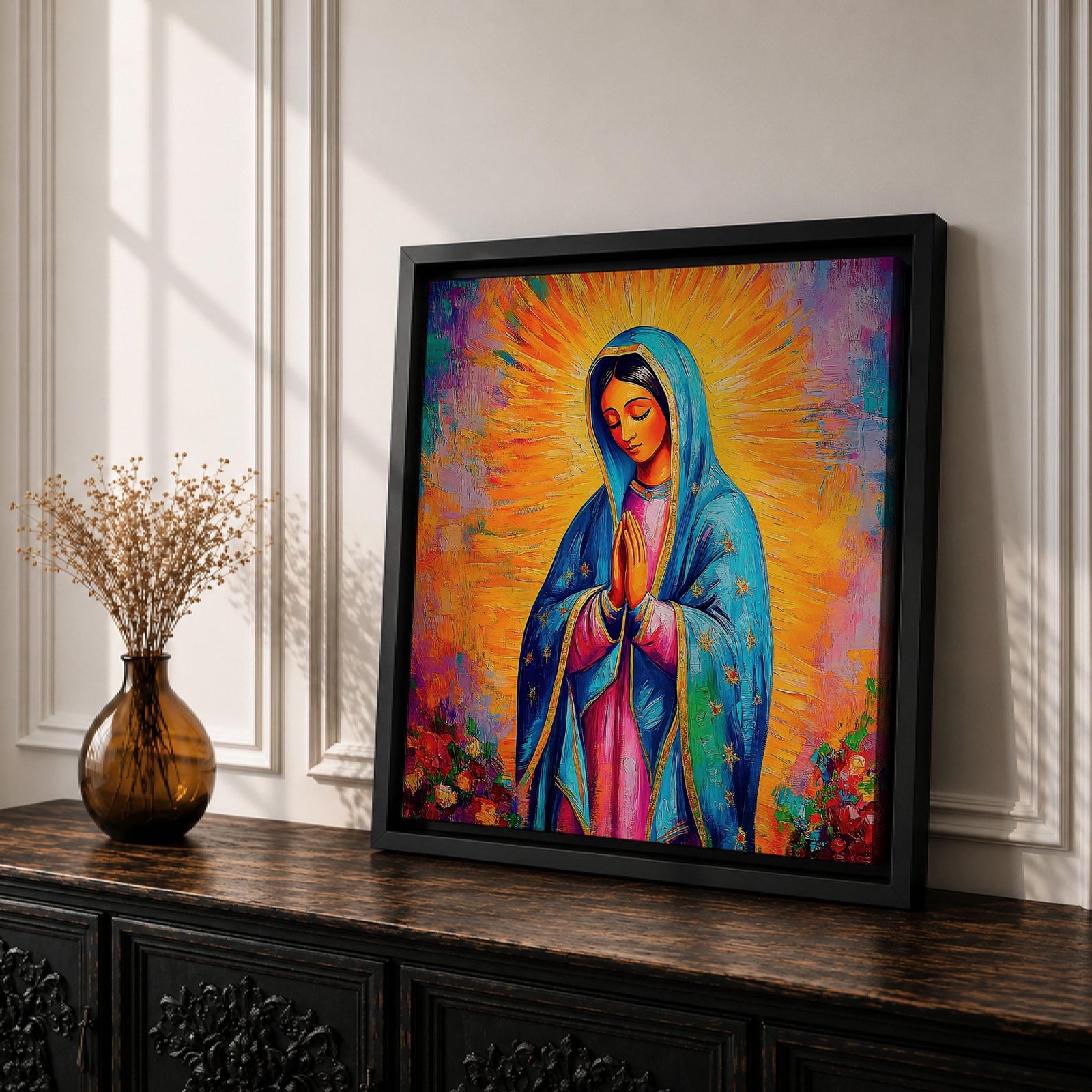 Our Lady of Guadalupe Wall Art Virgencita Framed Canvas Catholic Mexican Home Decor