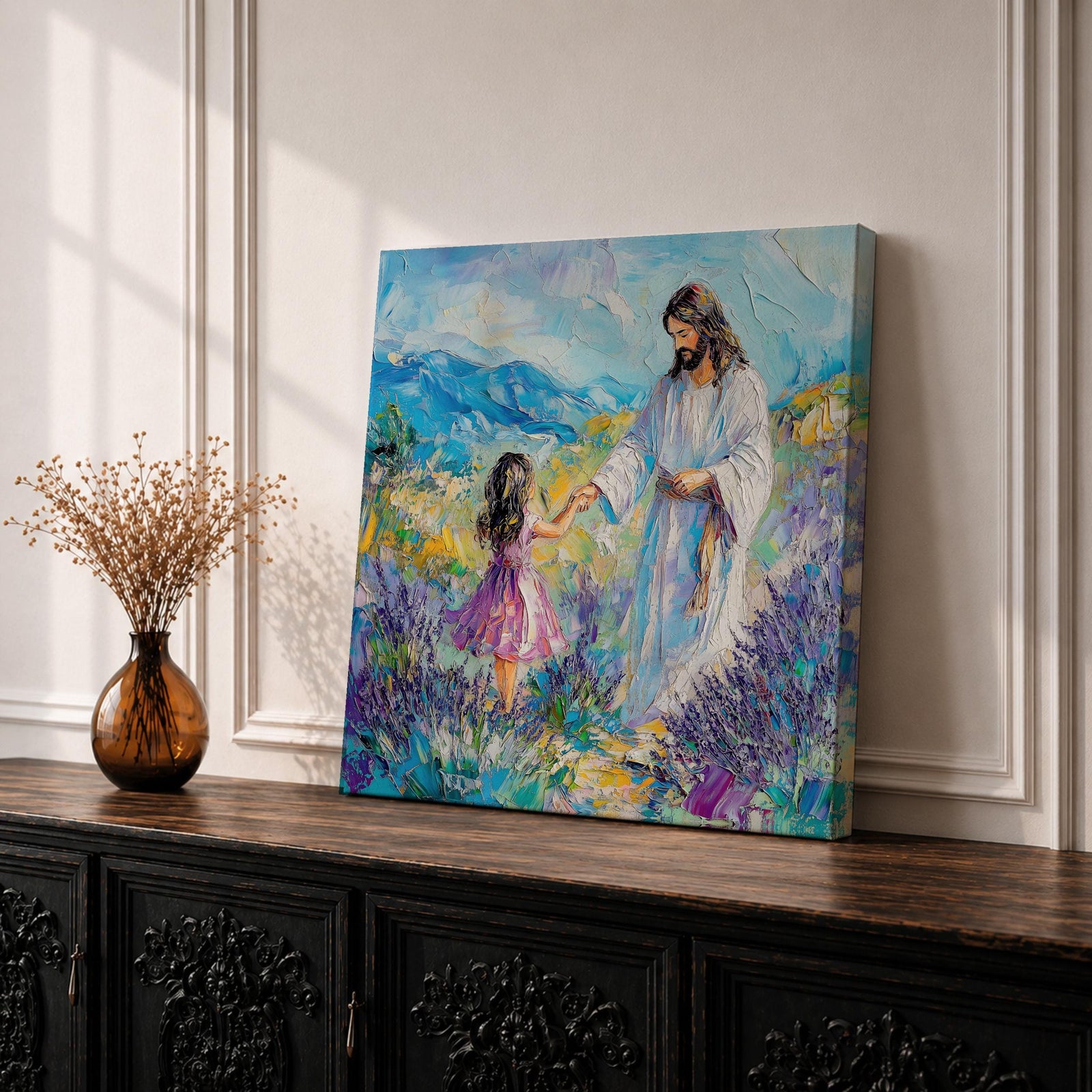 Jesus with Children Wall Art Biblical Framed Canvas Impasto Christian Gifts Catholic Home Decor