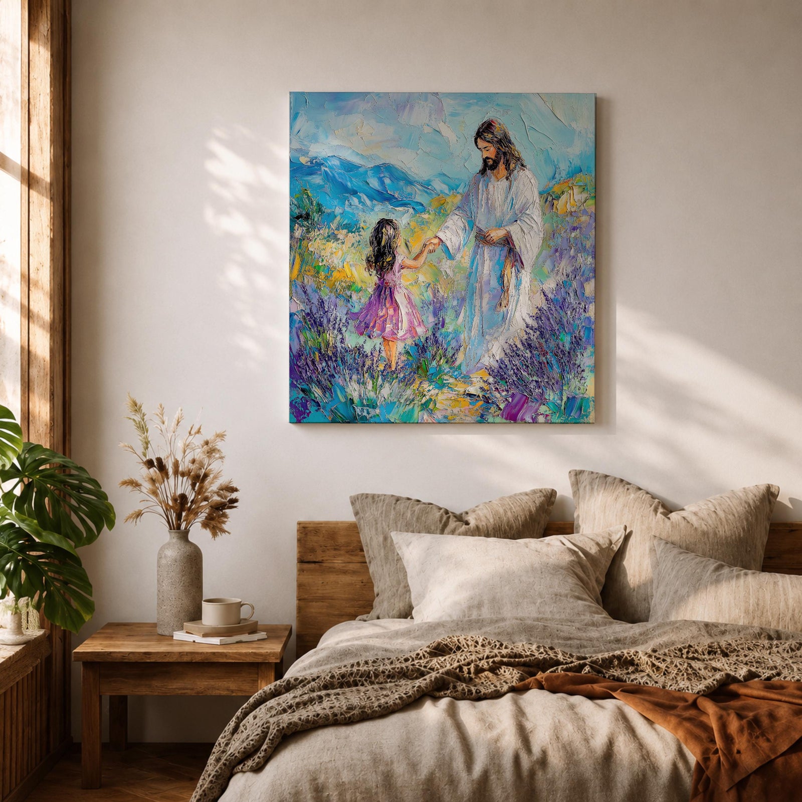 Jesus with Children Wall Art Biblical Framed Canvas Impasto Christian Gifts Catholic Home Decor
