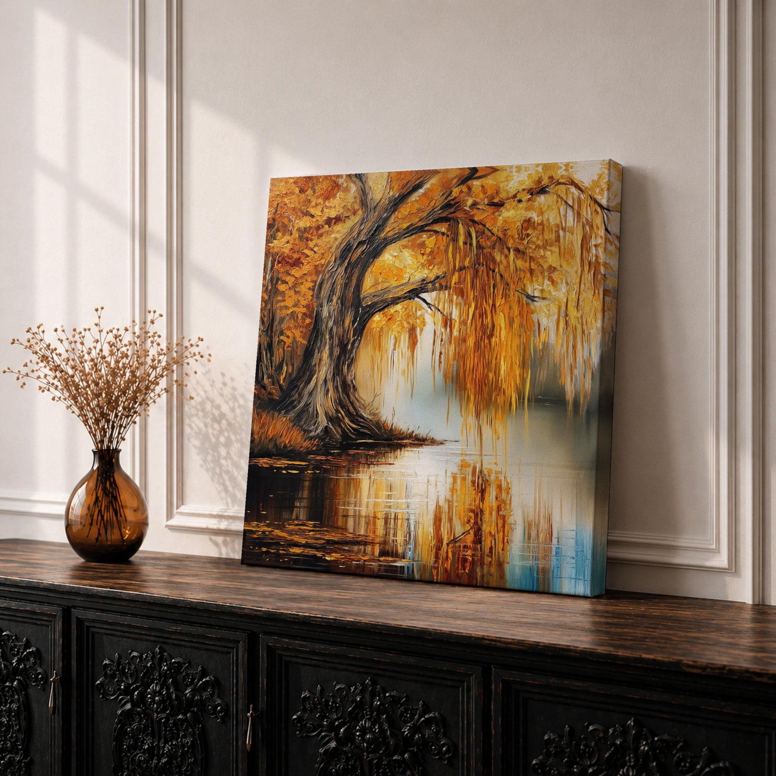 Willow Tree Wall Art Weeping Willow Framed Canvas Autumn Landscape Rustic Cottage Home Decor