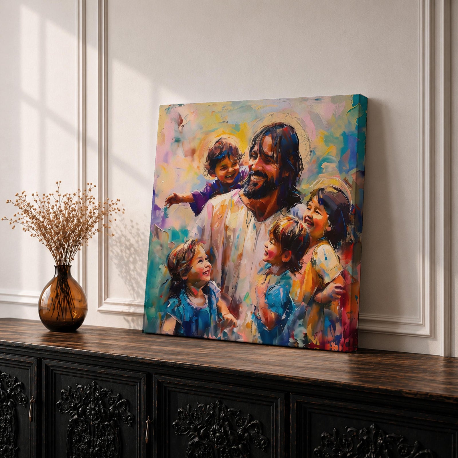 Jesus with Children Wall Art Christ with Kids Framed Canvas Biblical Christian Home Decor