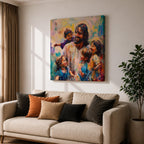 Jesus with Children Wall Art Christ with Kids Framed Canvas Biblical Christian Home Decor