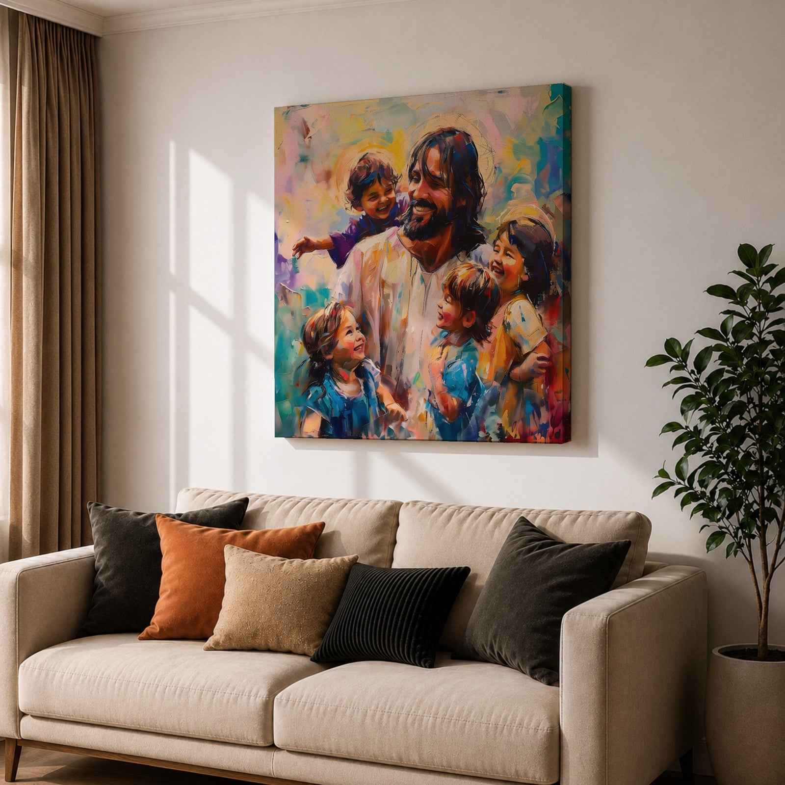 Jesus with Children Wall Art Christ with Kids Framed Canvas Biblical Christian Home Decor