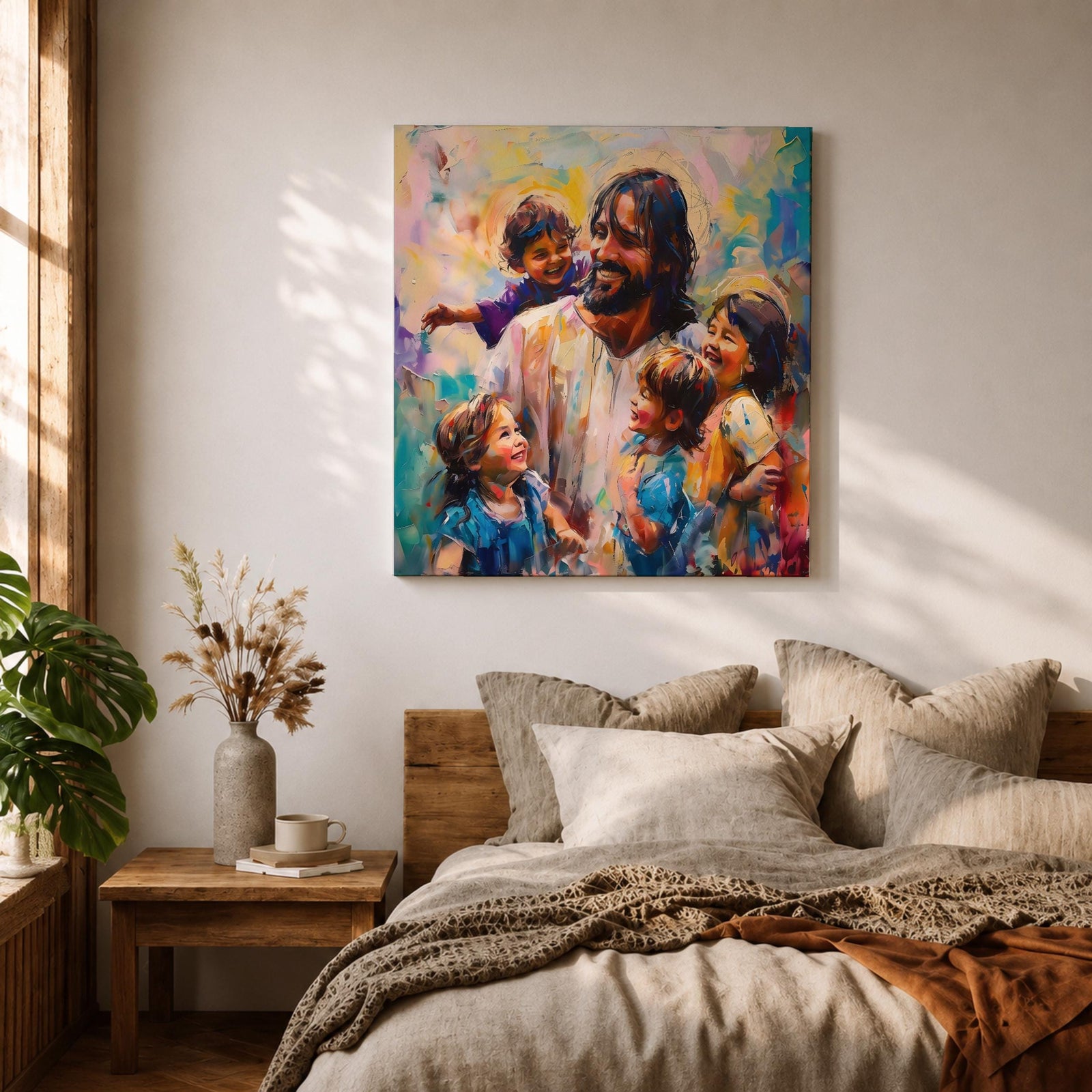 Jesus with Children Wall Art Christ with Kids Framed Canvas Biblical Christian Home Decor