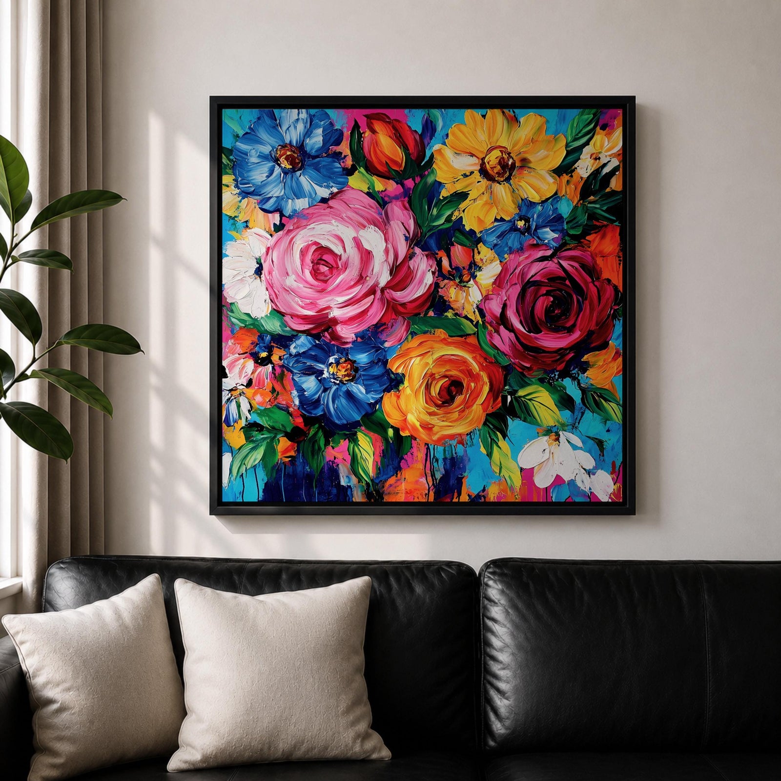 Floral Bouquet Wall Art Flower Arrangement Framed Canvas Botanical Impasto Boho Home Decor