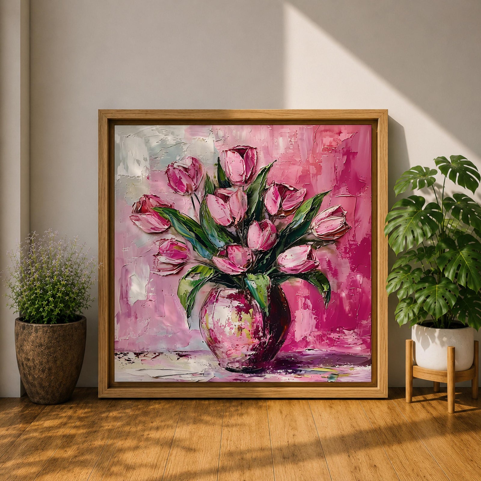 Tulip Vase Wall Art Flower Bouquet Framed Canvas Spring Garden Impasto Boho Home Decor