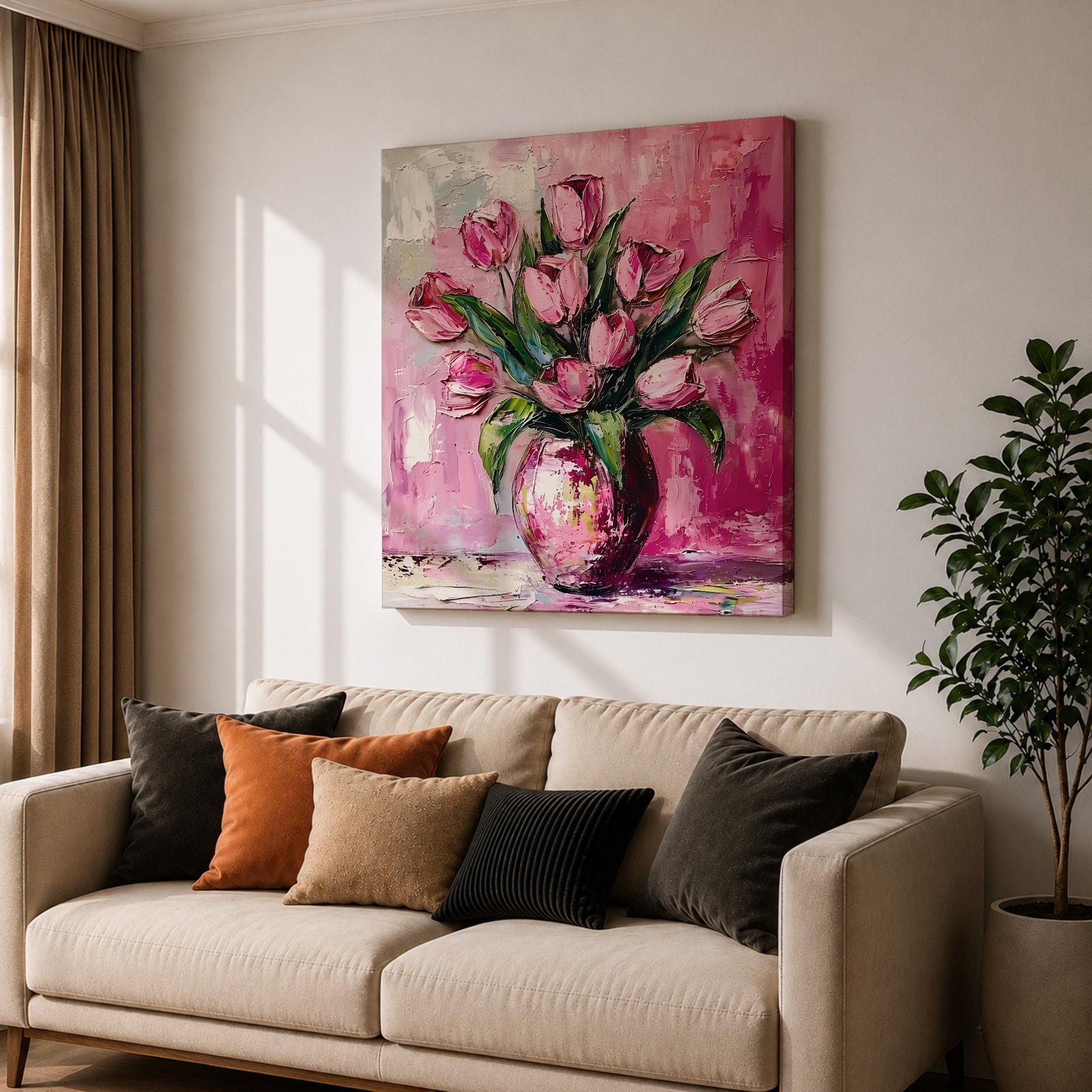 Tulip Vase Wall Art Flower Bouquet Framed Canvas Spring Garden Impasto Boho Home Decor