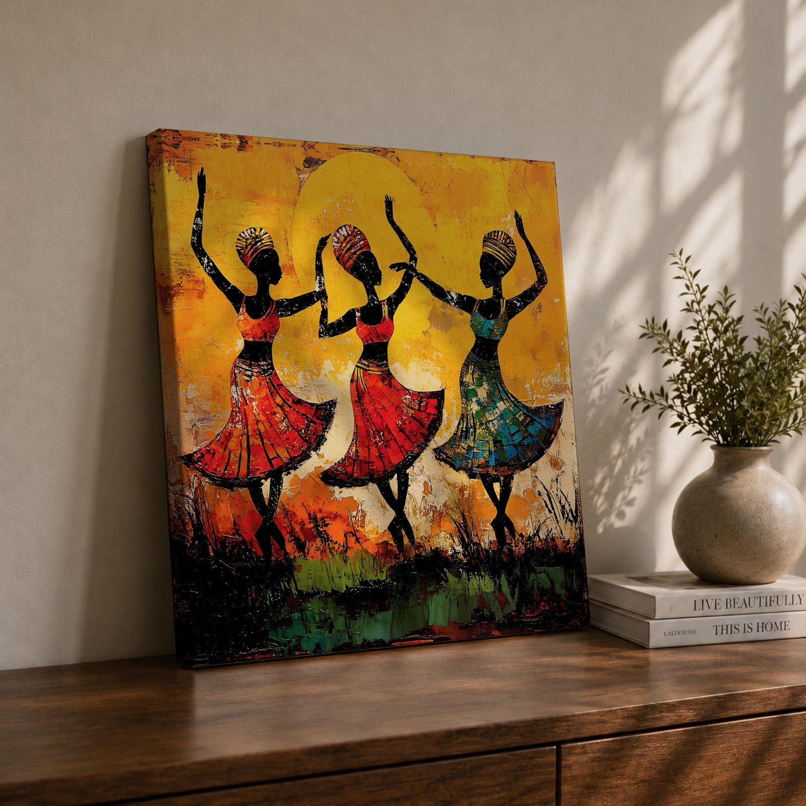 African Tribal Dance Wall Art African Women Framed Canvas Ethnic Culture Impasto Home Decor