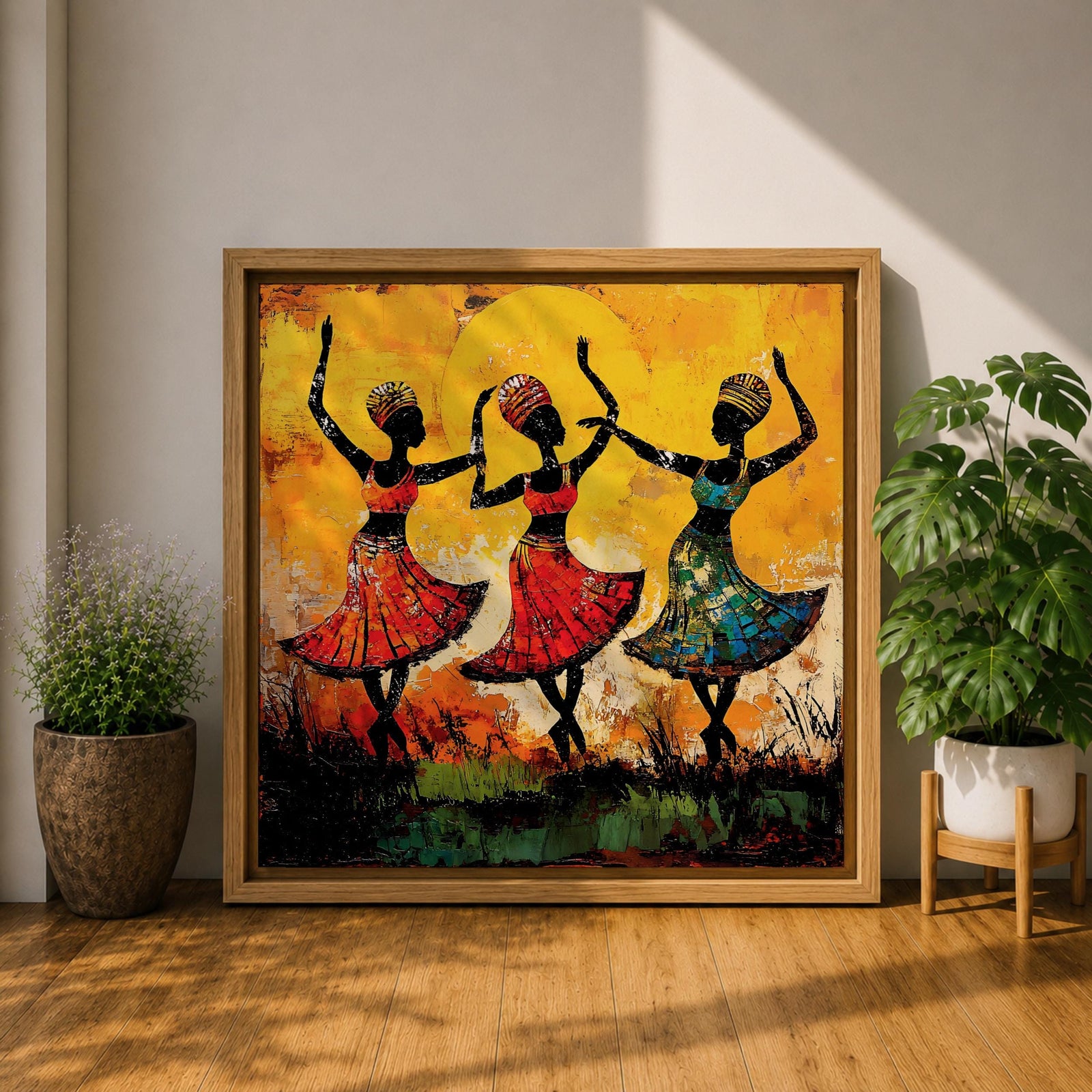 African Tribal Dance Wall Art African Women Framed Canvas Ethnic Culture Impasto Home Decor