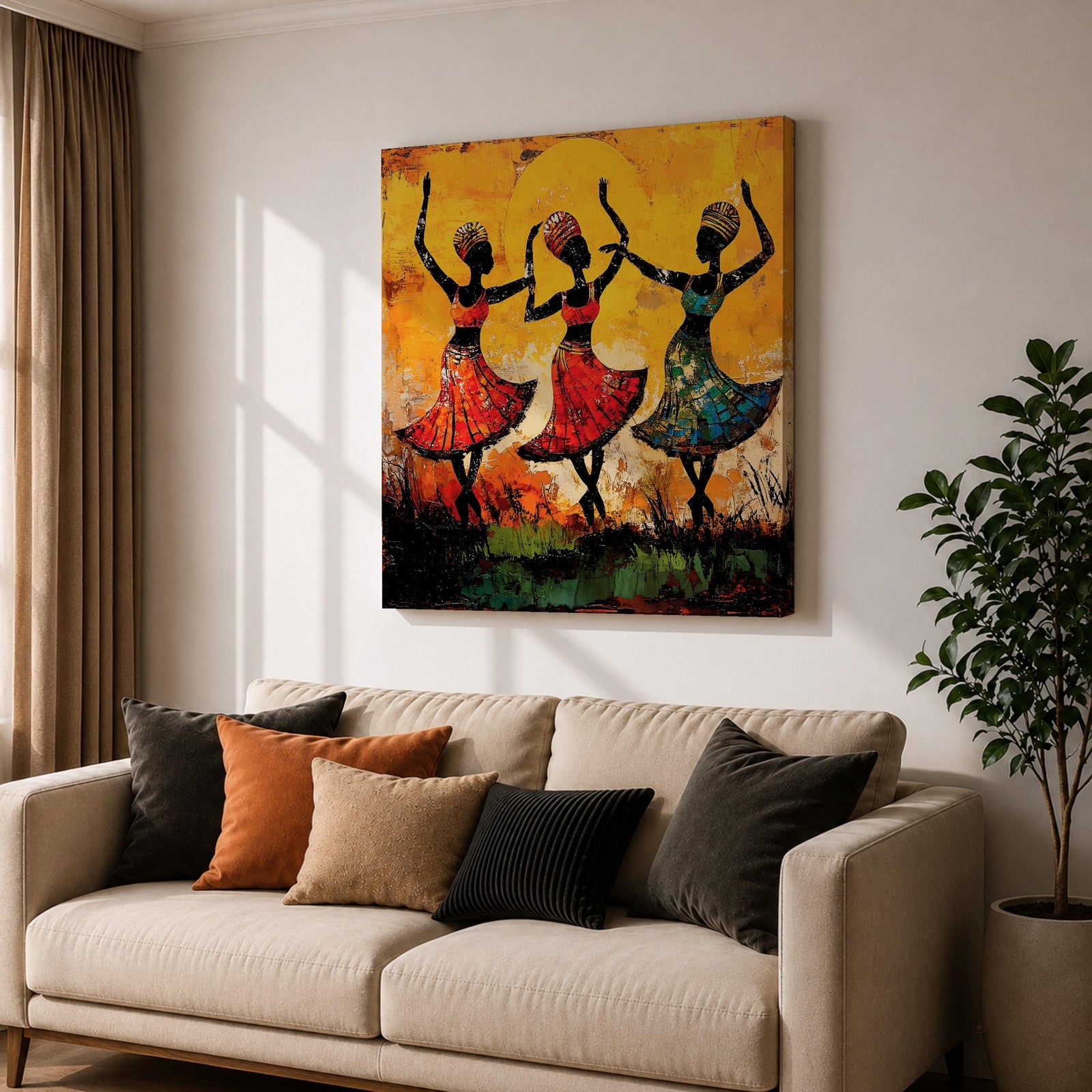 African Tribal Dance Wall Art African Women Framed Canvas Ethnic Culture Impasto Home Decor