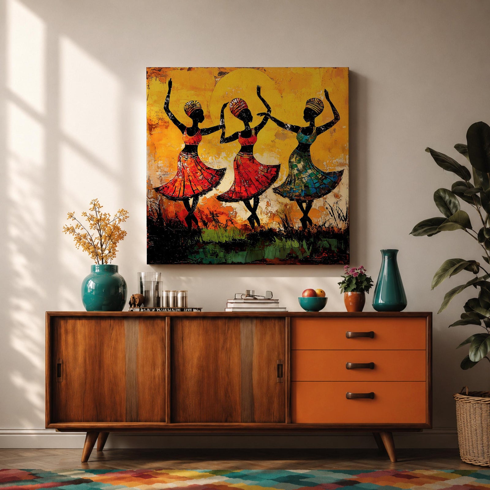 African Tribal Dance Wall Art African Women Framed Canvas Ethnic Culture Impasto Home Decor