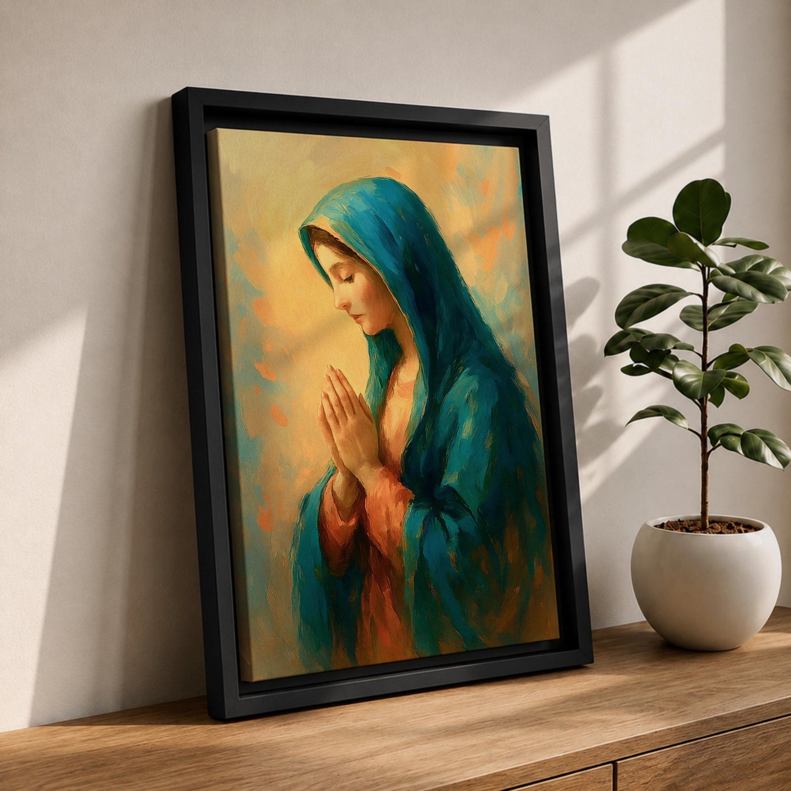 Virgin Mary Wall Art Prayer Pose Framed Canvas Blessed Mother Vintage Catholic Home Decor