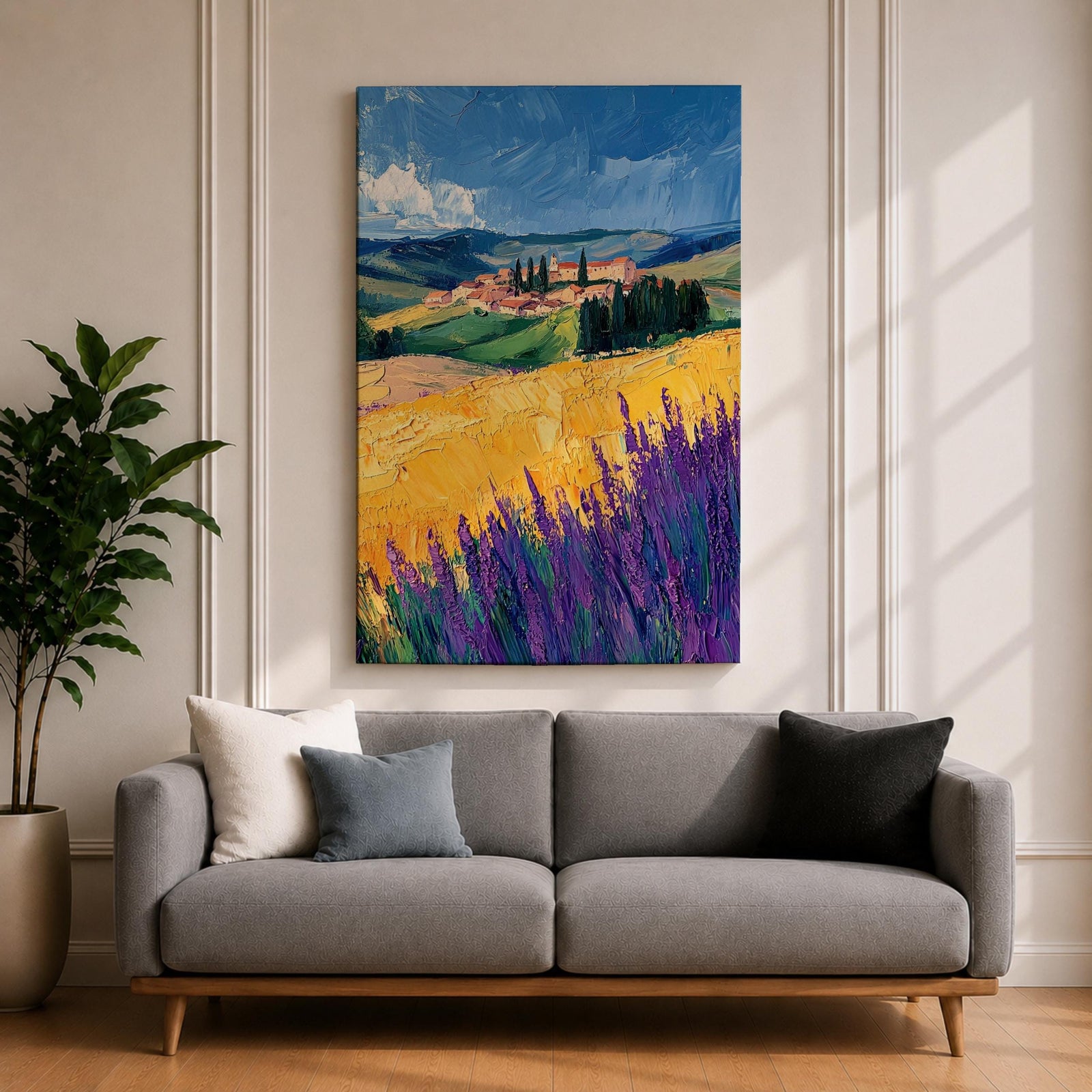 Tuscan Lavender Field Wall Art Italian Countryside Framed Canvas Tuscany Impasto Farmhouse Decor