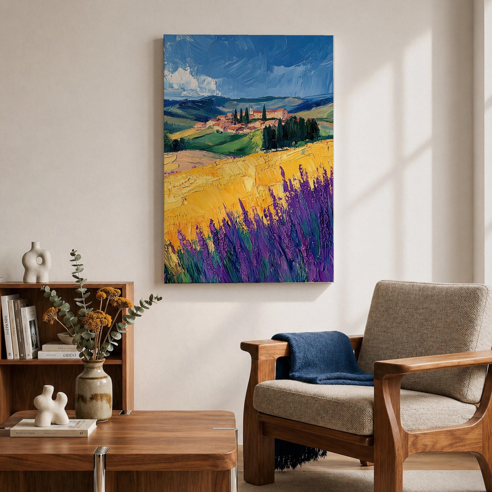 Tuscan Lavender Field Wall Art Italian Countryside Framed Canvas Tuscany Impasto Farmhouse Decor