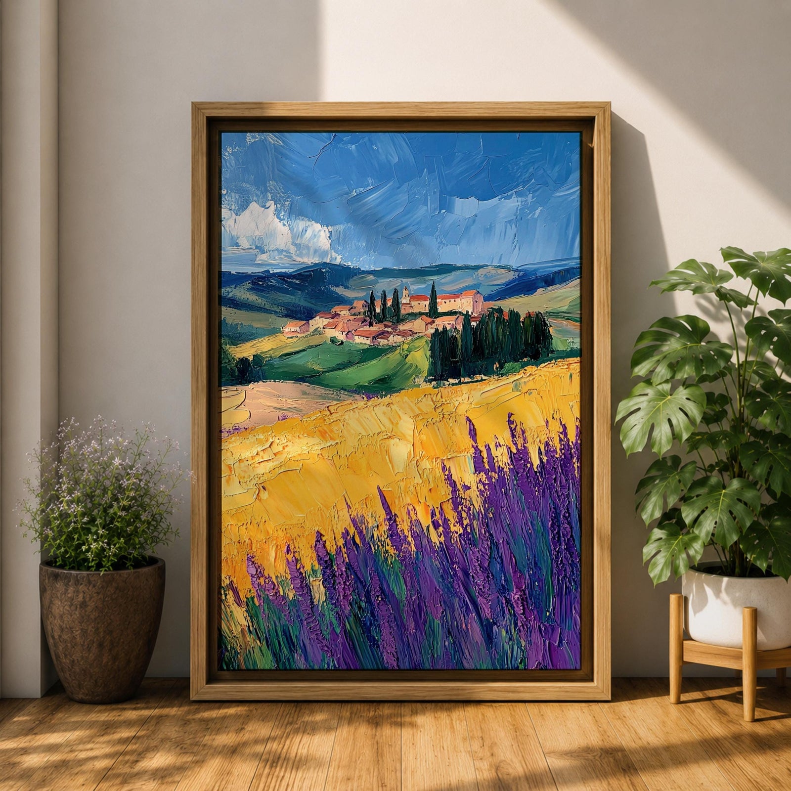 Tuscan Lavender Field Wall Art Italian Countryside Framed Canvas Tuscany Impasto Farmhouse Decor