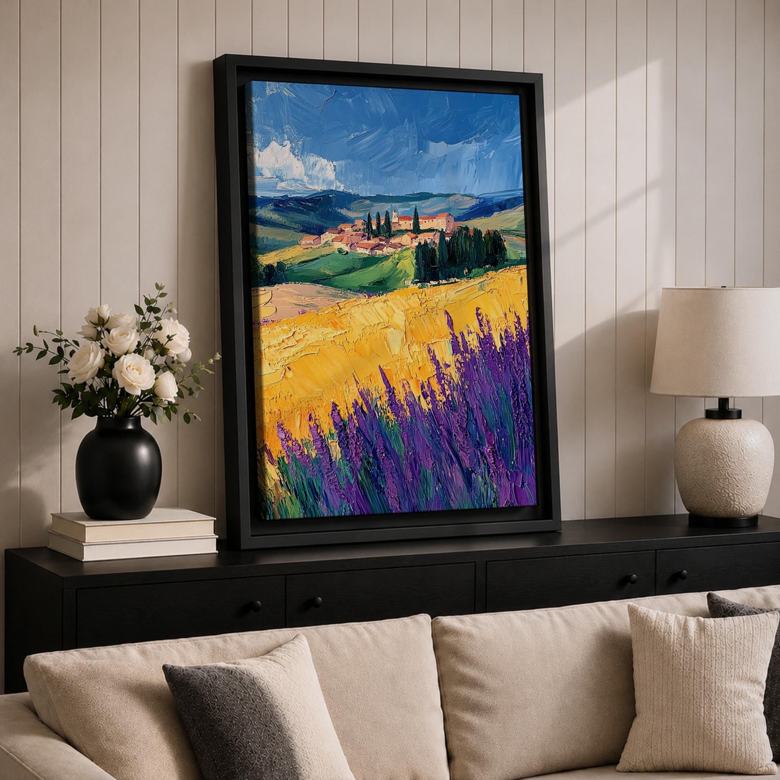 Tuscan Lavender Field Wall Art Italian Countryside Framed Canvas Tuscany Impasto Farmhouse Decor