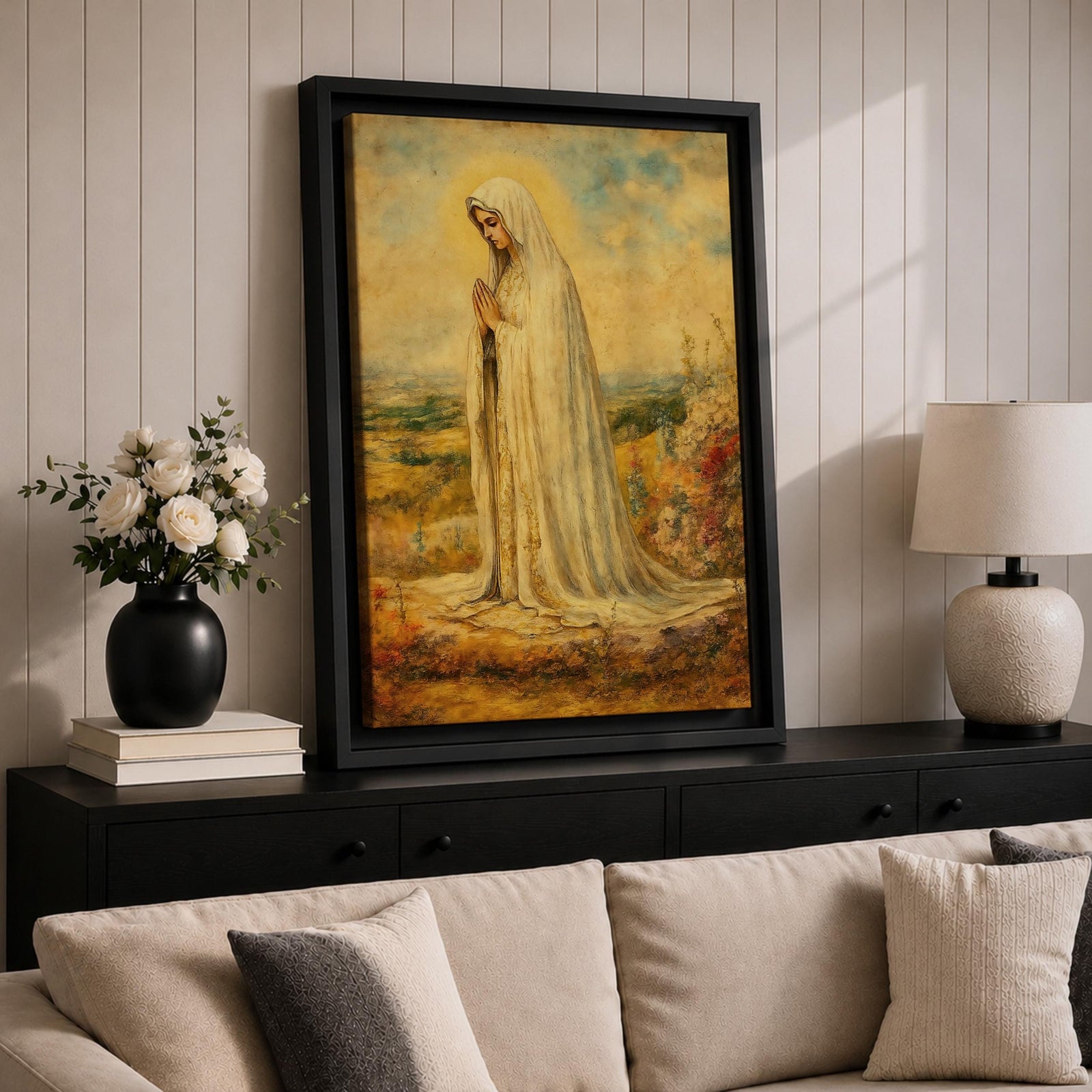 Our Lady Fatima Wall Art Virgin Mary Framed Canvas Catholic Sacred Religious Home Decor