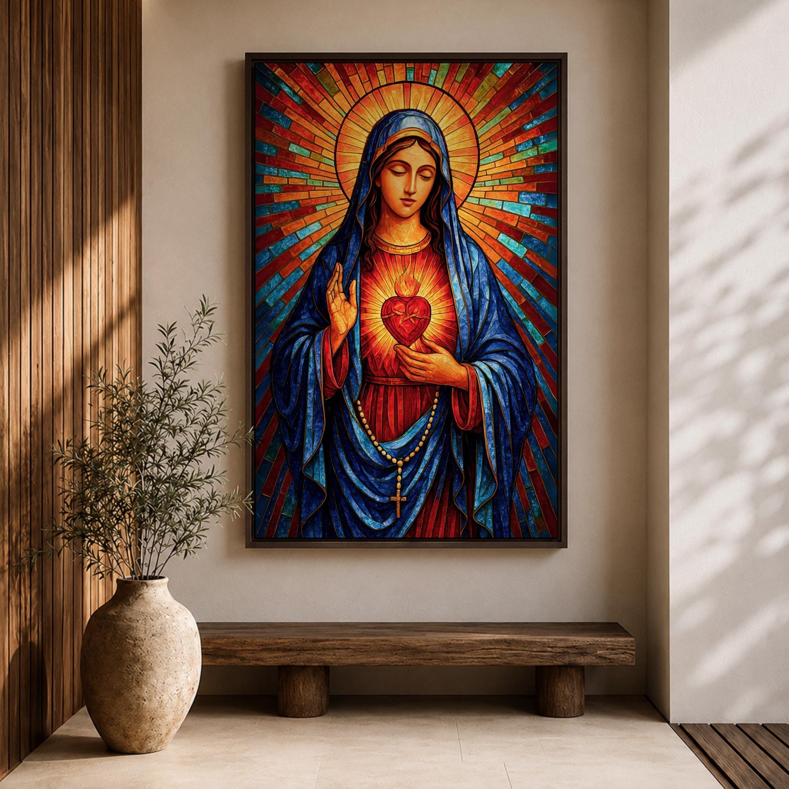 Sacred Virgin Mary Wall Art Immaculate Heart Framed Canvas Stained Glass Catholic Religious Decor