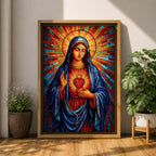 Sacred Virgin Mary Wall Art Immaculate Heart Framed Canvas Stained Glass Catholic Religious Decor