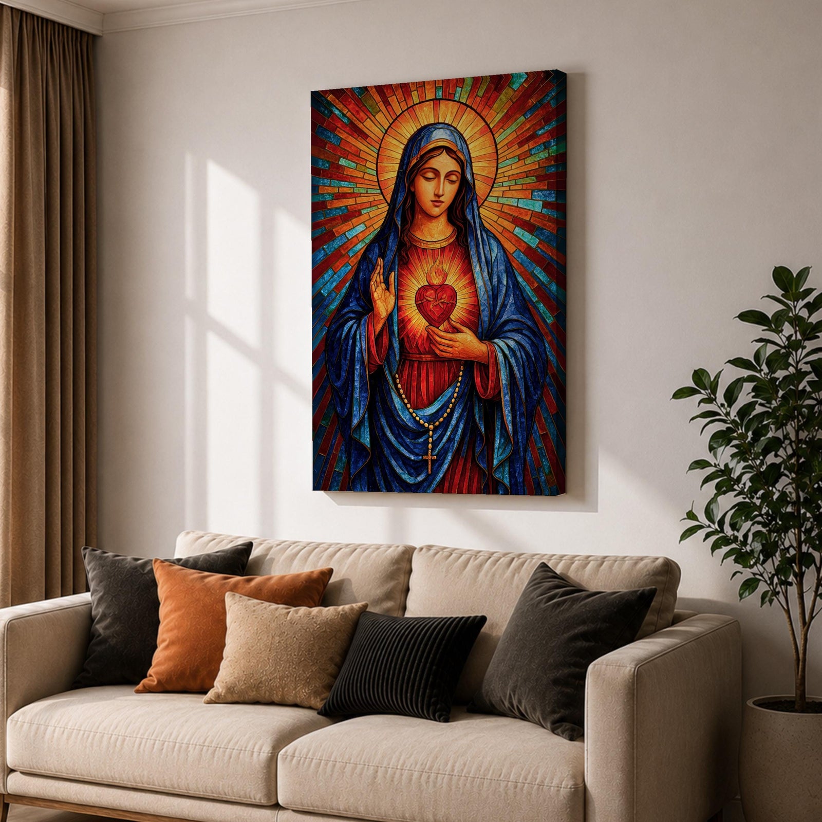 Sacred Virgin Mary Wall Art Immaculate Heart Framed Canvas Stained Glass Catholic Religious Decor