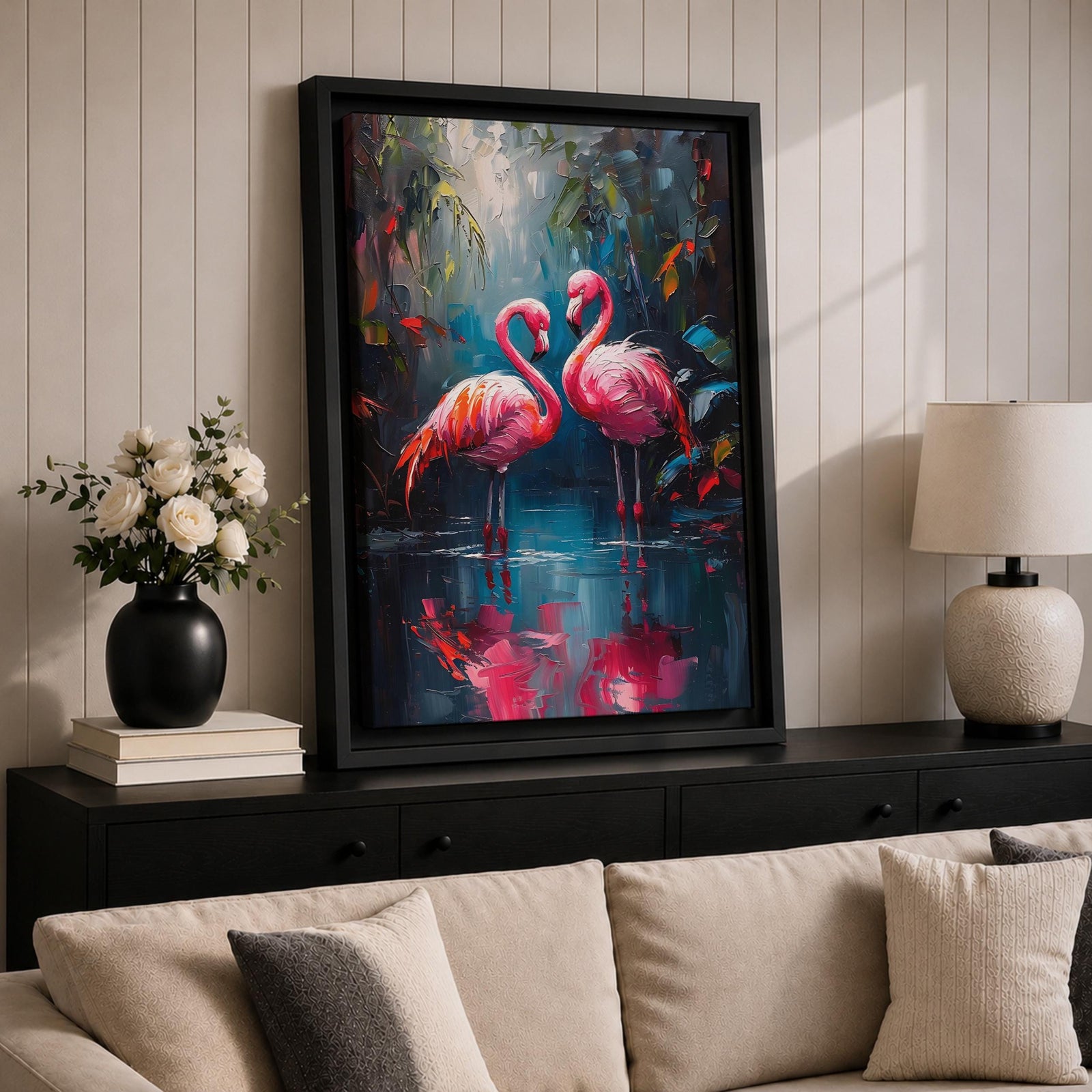 Flamingo Couple Bird Wall Art Pink Flamingo Romantic Nature Gift Living Room Home Decor