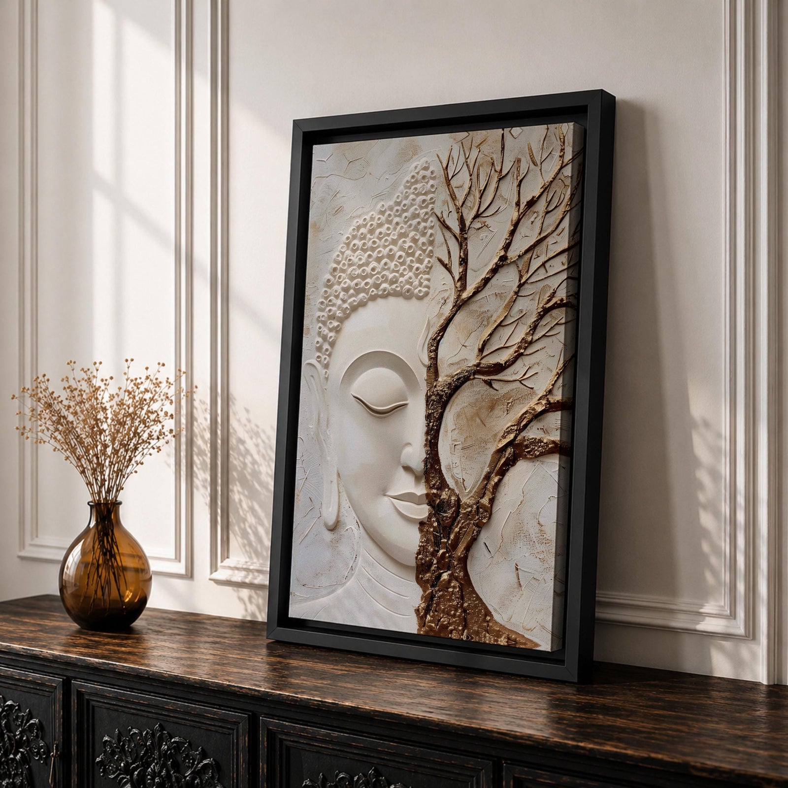 Buddha Wall Art Tree of Life Framed Canvas Textured Zen Spiritual Boho Home Decor