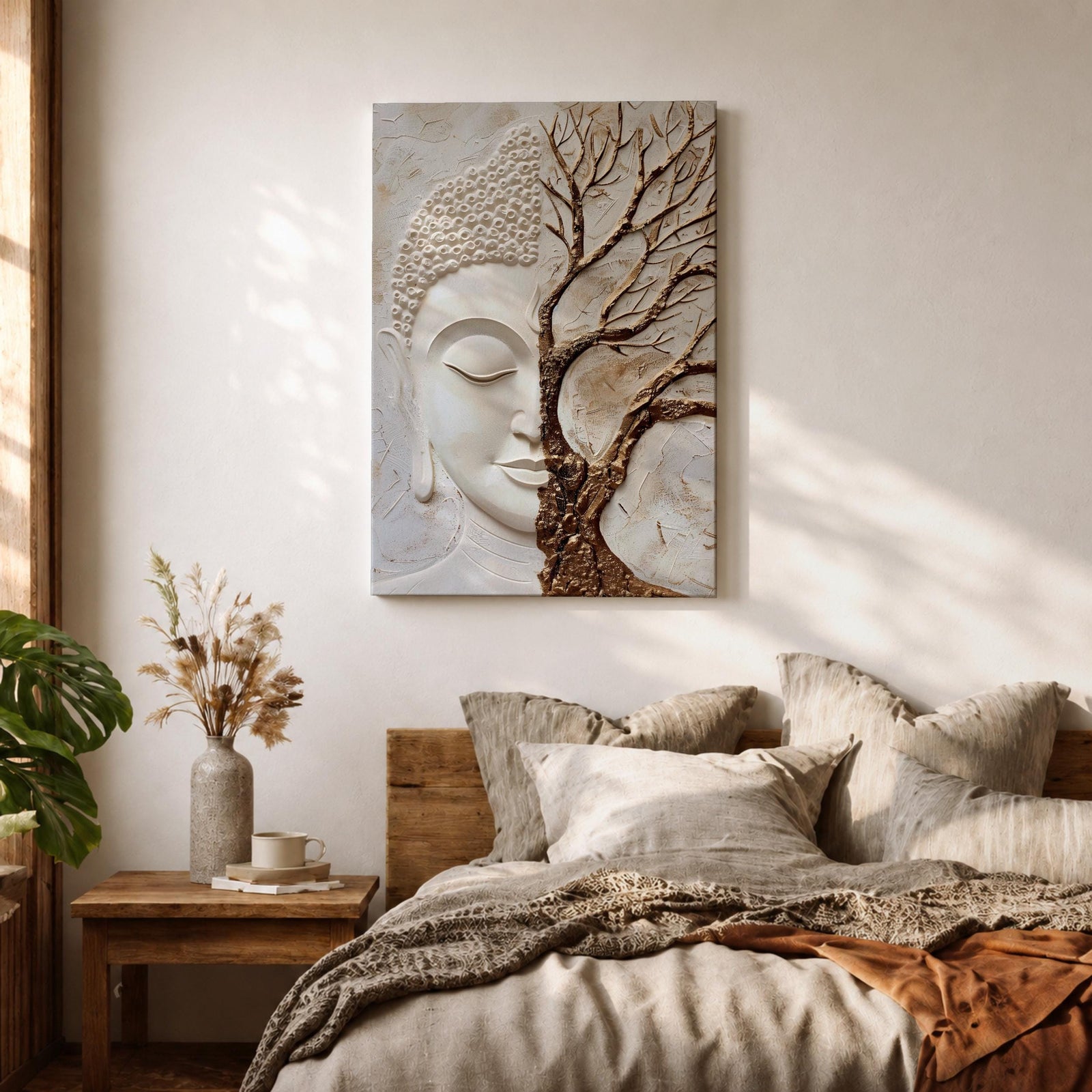 Buddha Wall Art Tree of Life Framed Canvas Textured Zen Spiritual Boho Home Decor