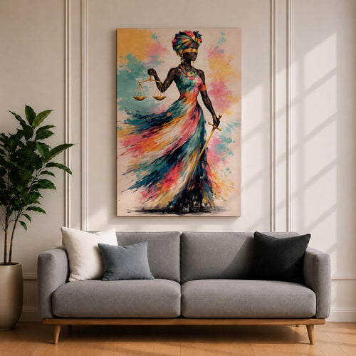 Black Lady Justice Wall Art Blindfolded Scales Afro Abstract Colorful Canvas Legal Office Decor