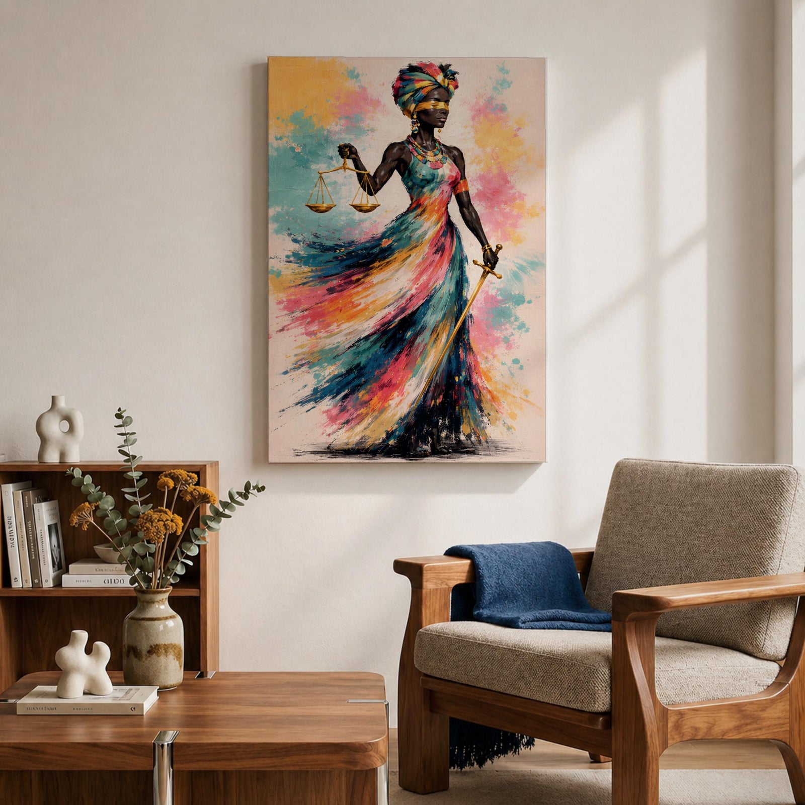Black Lady Justice Wall Art Blindfolded Scales Afro Abstract Colorful Canvas Legal Office Decor