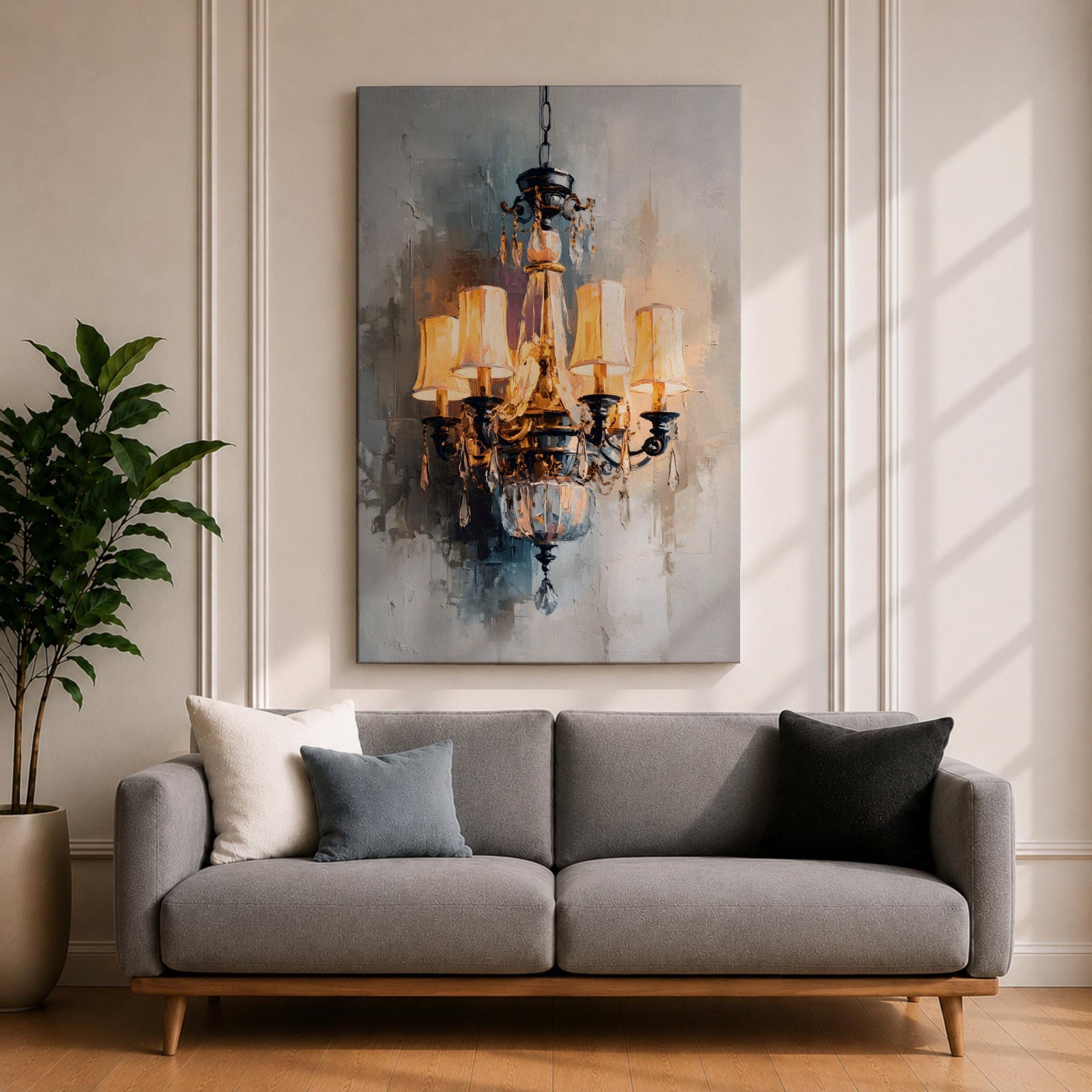 Chandelier Wall Art Modern Lighting Framed Canvas Warm Light Elegant Neutral Statement Wall Decor