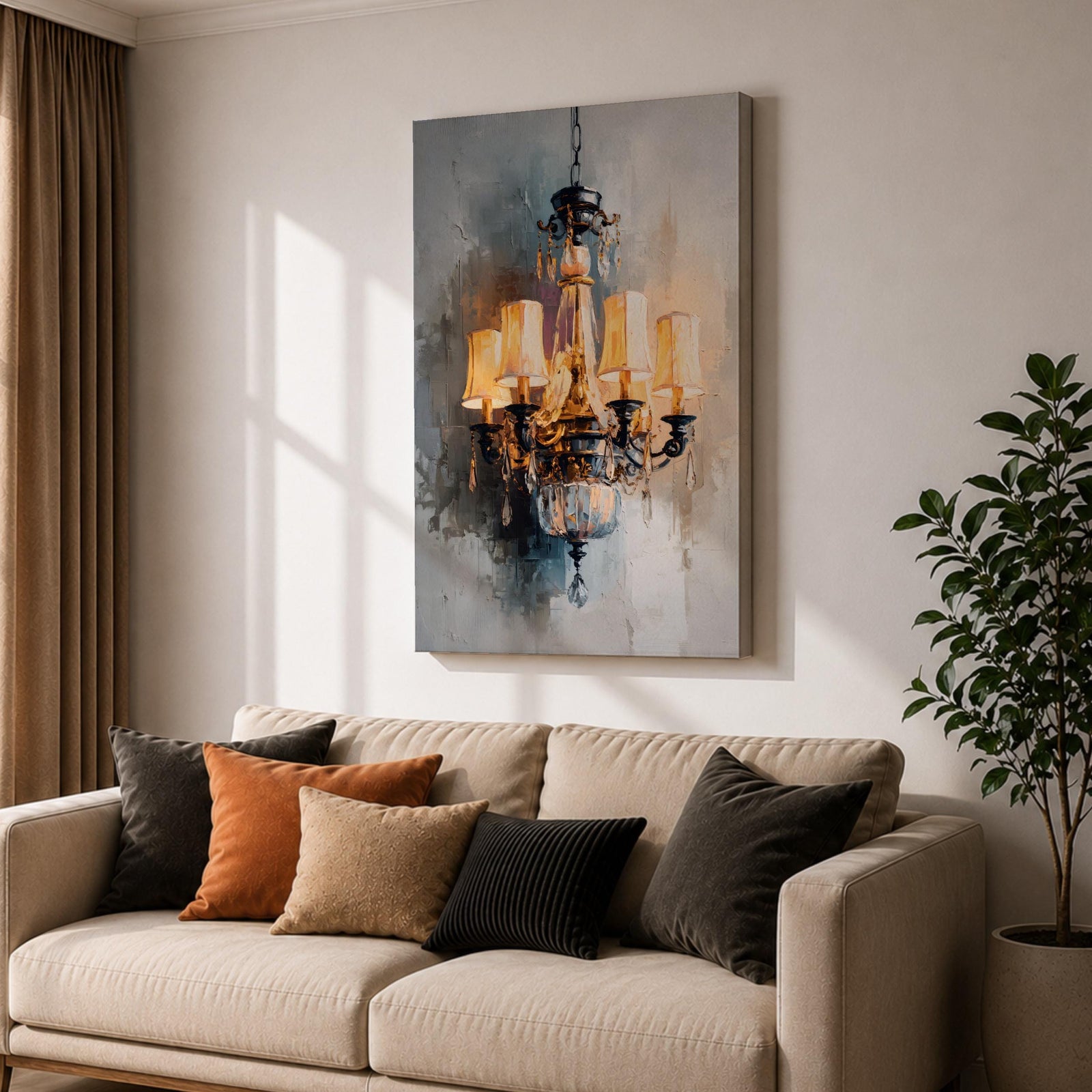 Chandelier Wall Art Modern Lighting Framed Canvas Warm Light Elegant Neutral Statement Wall Decor