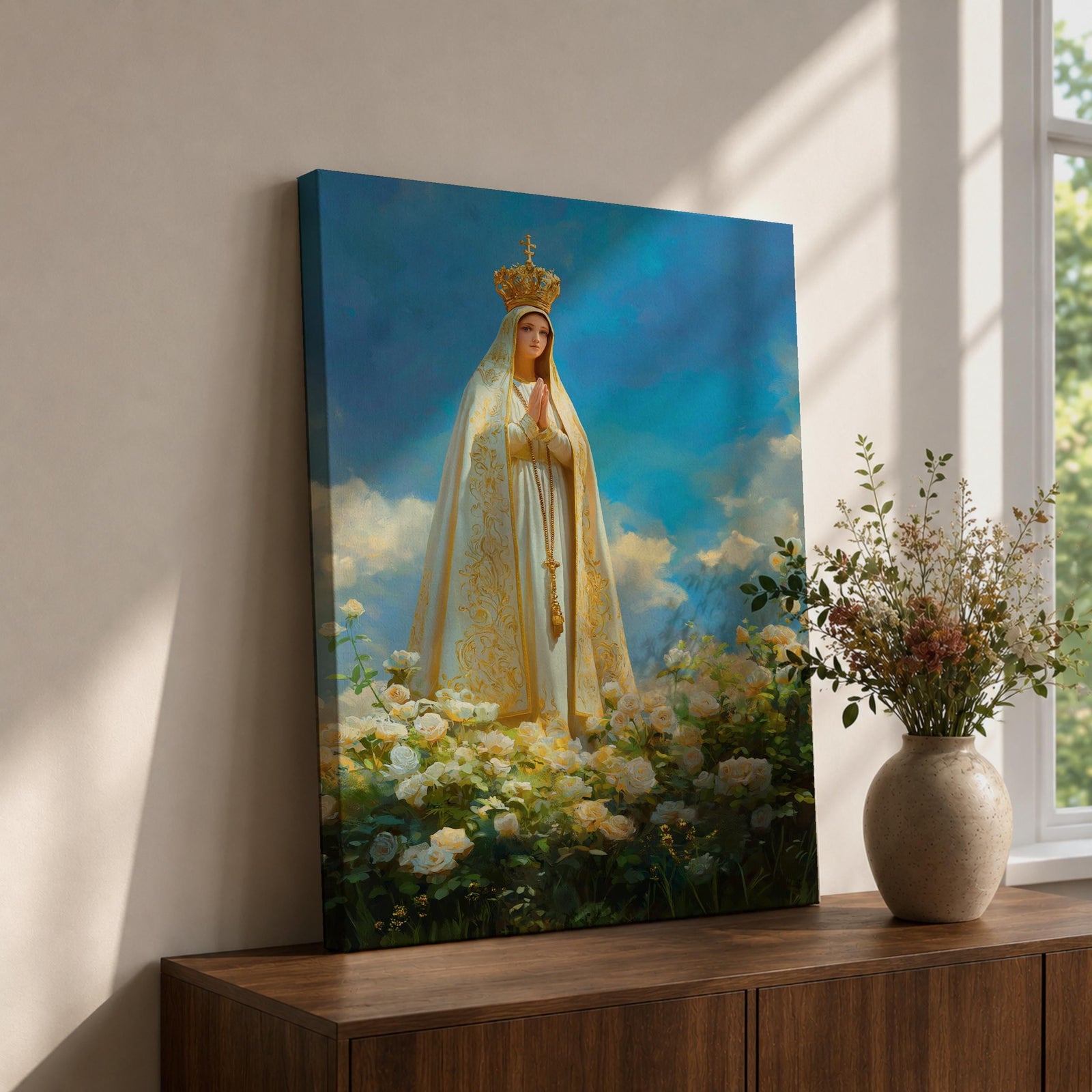 Our Lady of Fatima Wall Art Floral Altar Framed Canvas Madonna Catholic Christian Decor