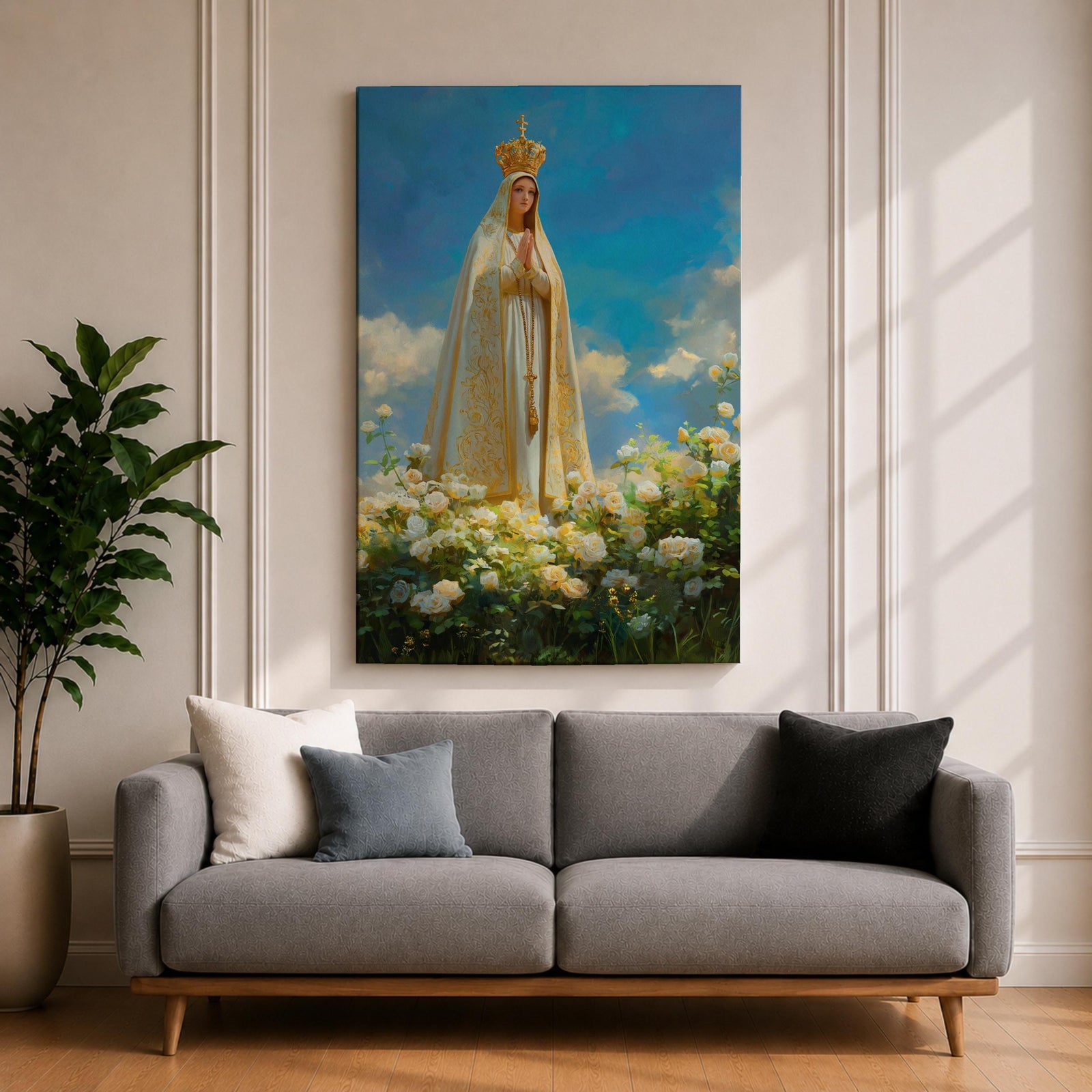 Our Lady of Fatima Wall Art Floral Altar Framed Canvas Madonna Catholic Christian Decor