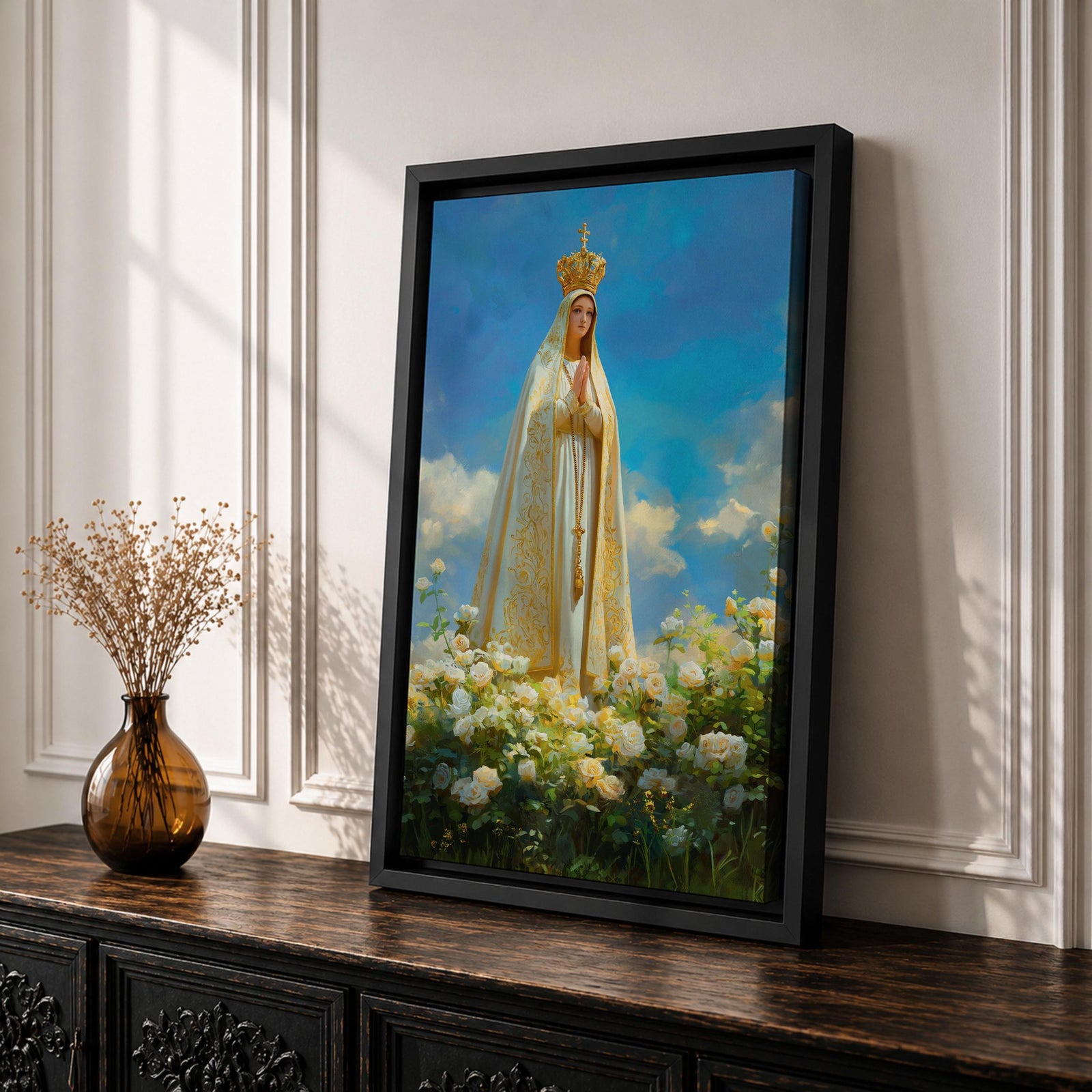 Our Lady of Fatima Wall Art Floral Altar Framed Canvas Madonna Catholic Christian Decor