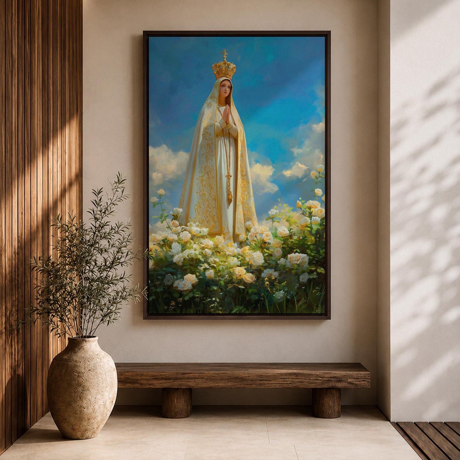 Our Lady of Fatima Wall Art Floral Altar Framed Canvas Madonna Catholic Christian Decor