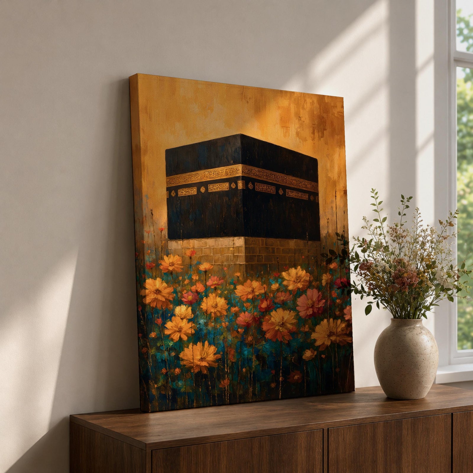 Kaaba Wall Art Mecca Masjid Al Haram Islamic Framed Canvas Floral Sacred Mosque Decor