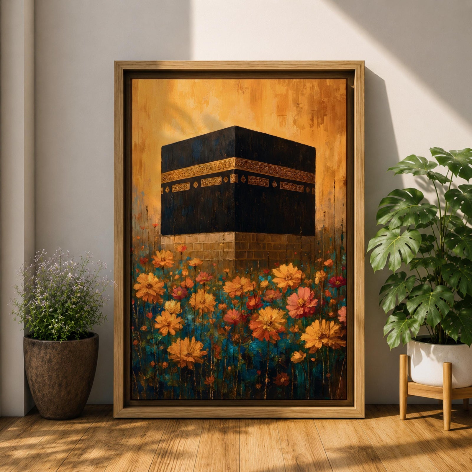 Kaaba Wall Art Mecca Masjid Al Haram Islamic Framed Canvas Floral Sacred Mosque Decor