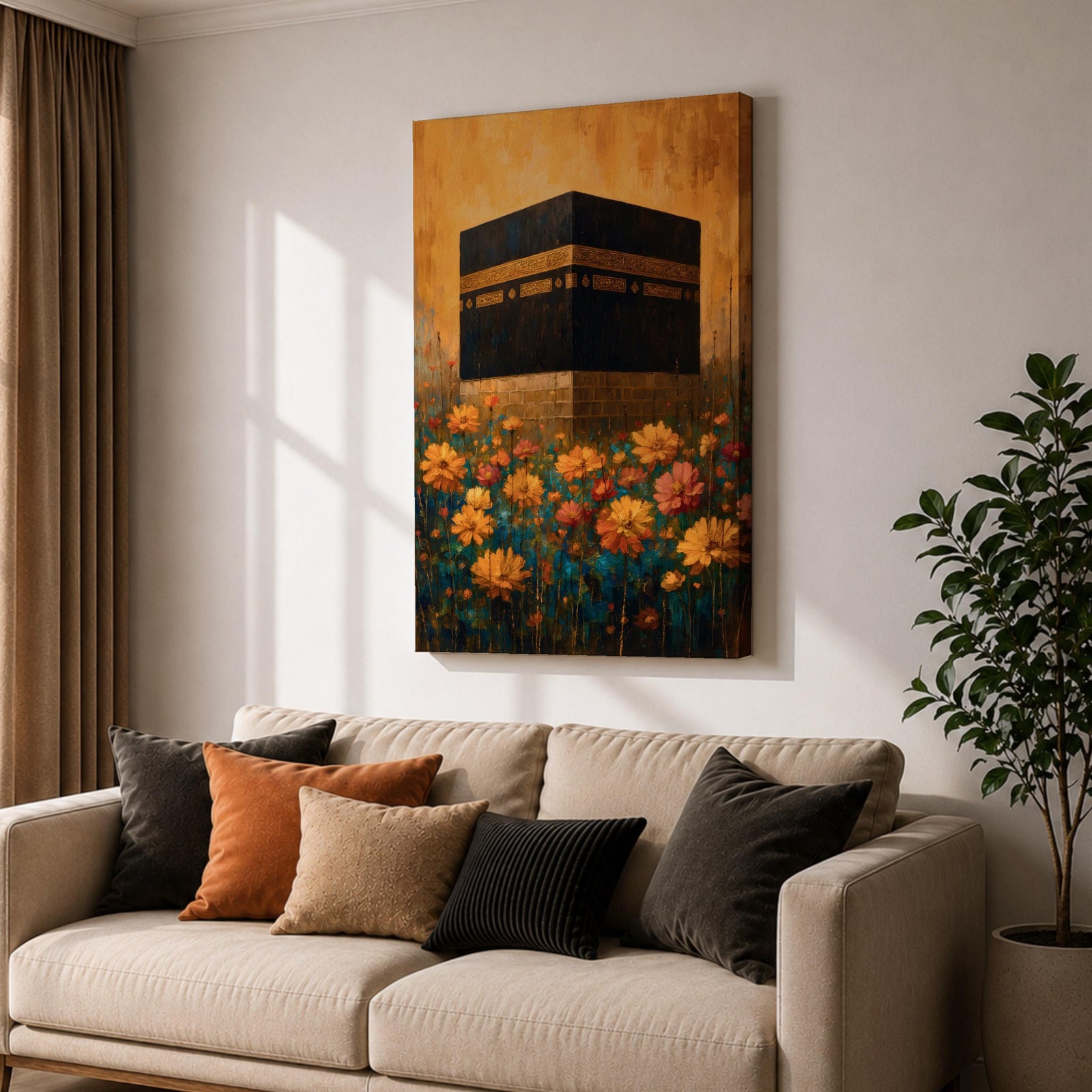 Kaaba Wall Art Mecca Masjid Al Haram Islamic Framed Canvas Floral Sacred Mosque Decor
