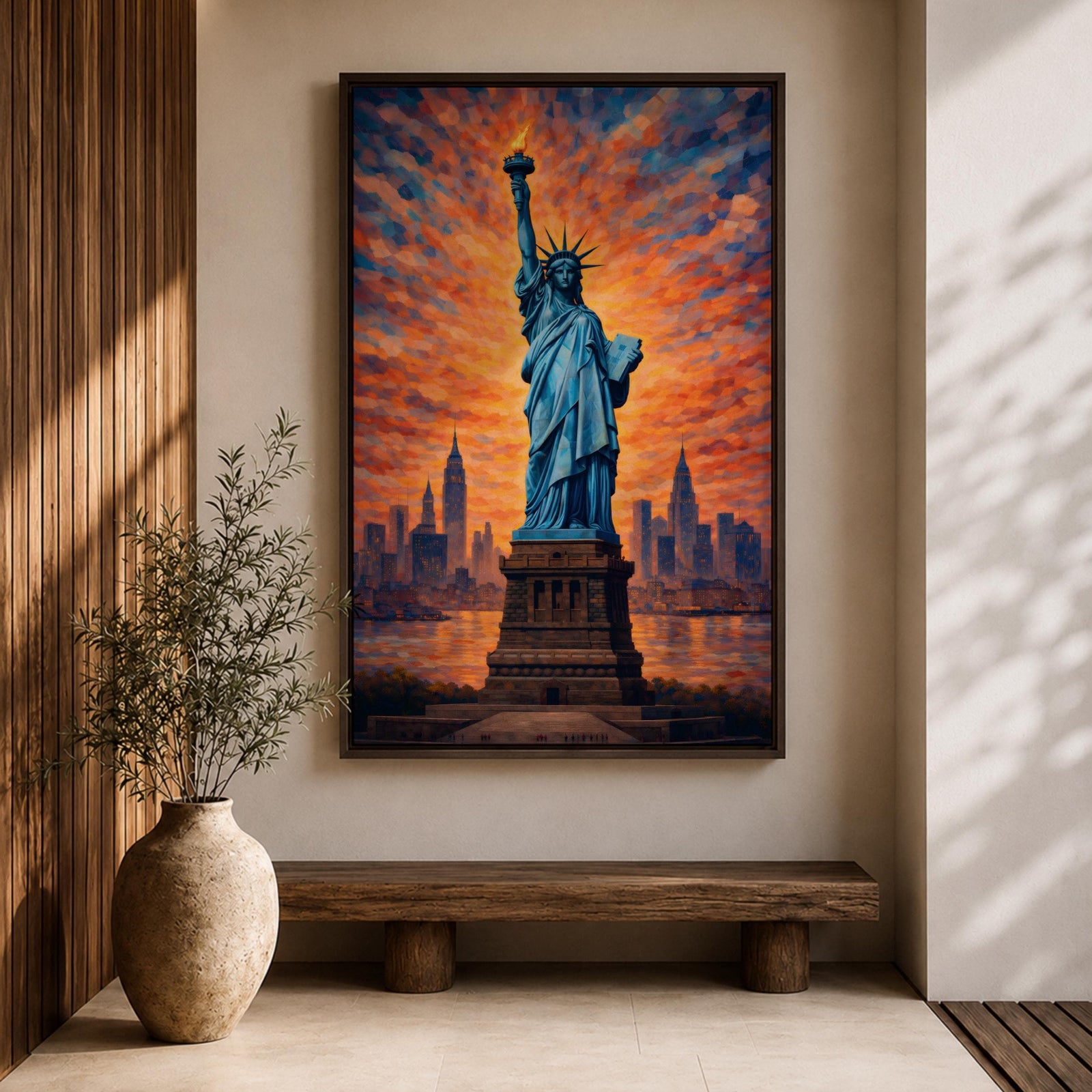 Statue of Liberty Wall Art New York City Skyline Framed Canvas NYC Sunset Decor