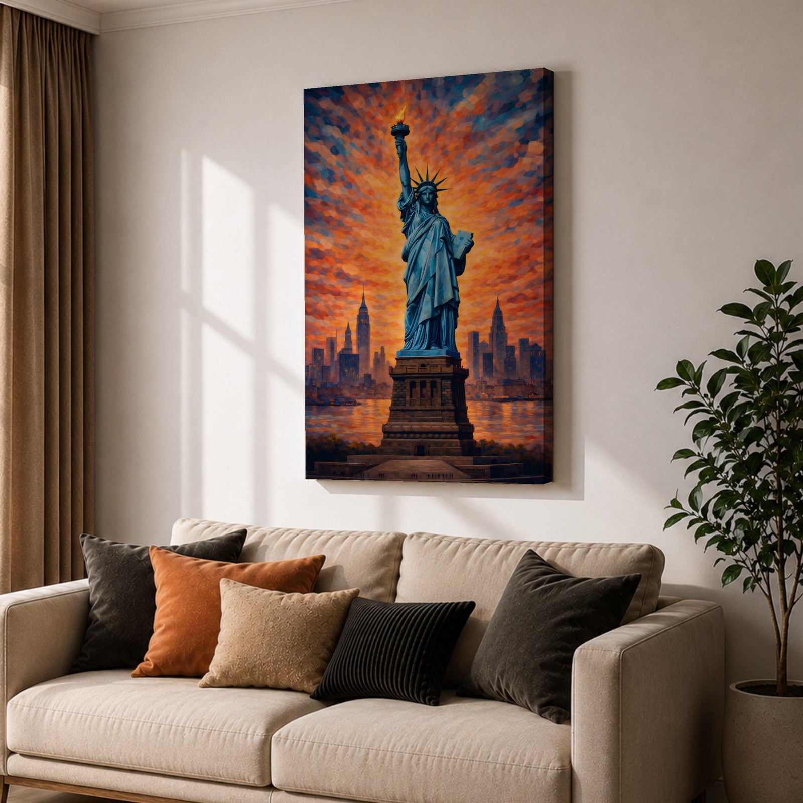 Statue of Liberty Wall Art New York City Skyline Framed Canvas NYC Sunset Decor