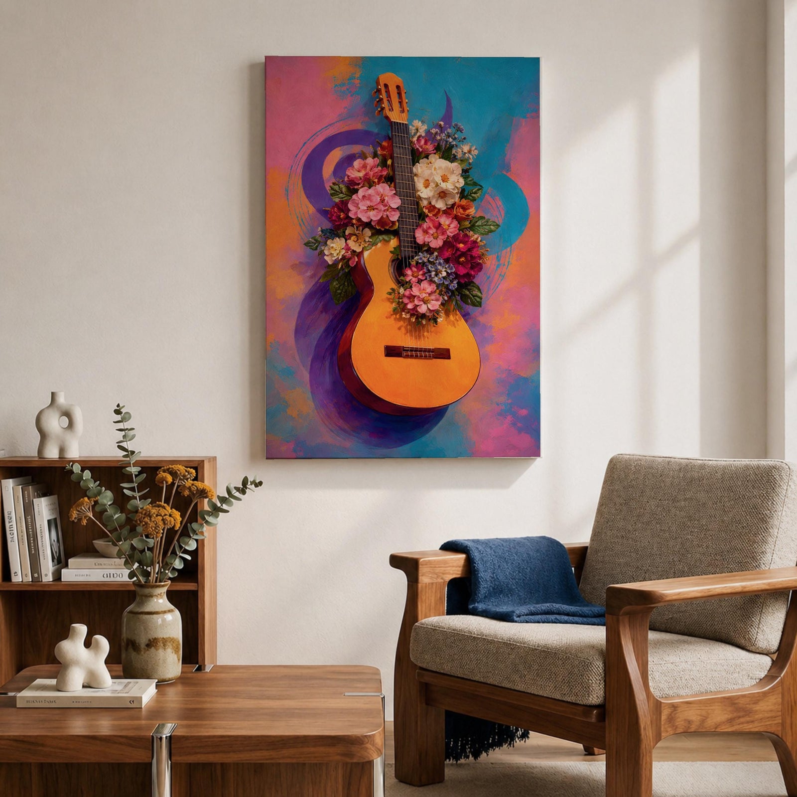 Guitar Wall Art Floral Harmony Framed Canvas Acoustic Spanish Music Garden Blooms Boho Decor